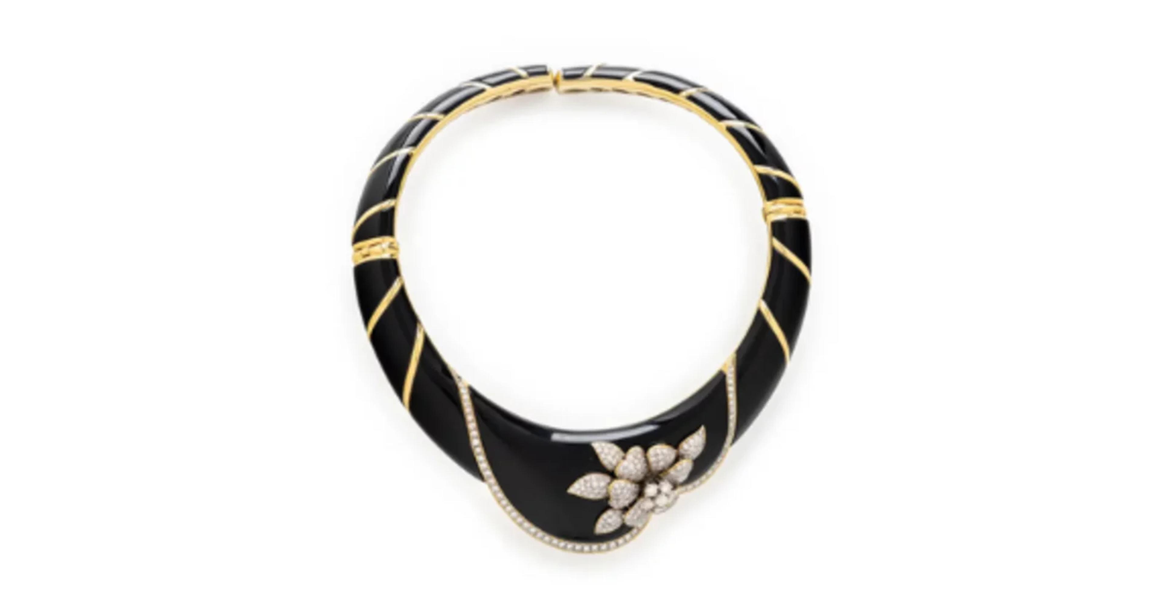 Lot 100 | Onyx, Diamond, and Yellow Gold Collar Necklace | Sold for $24,320