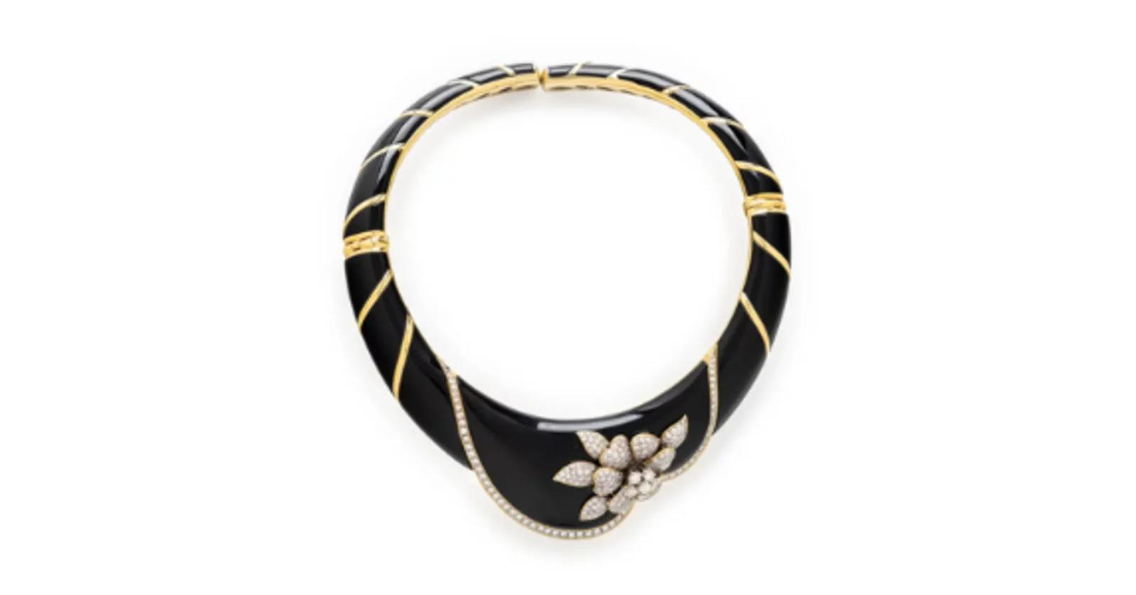 Lot 100 | Onyx, Diamond, and Yellow Gold Collar Necklace | Sold for $24,320