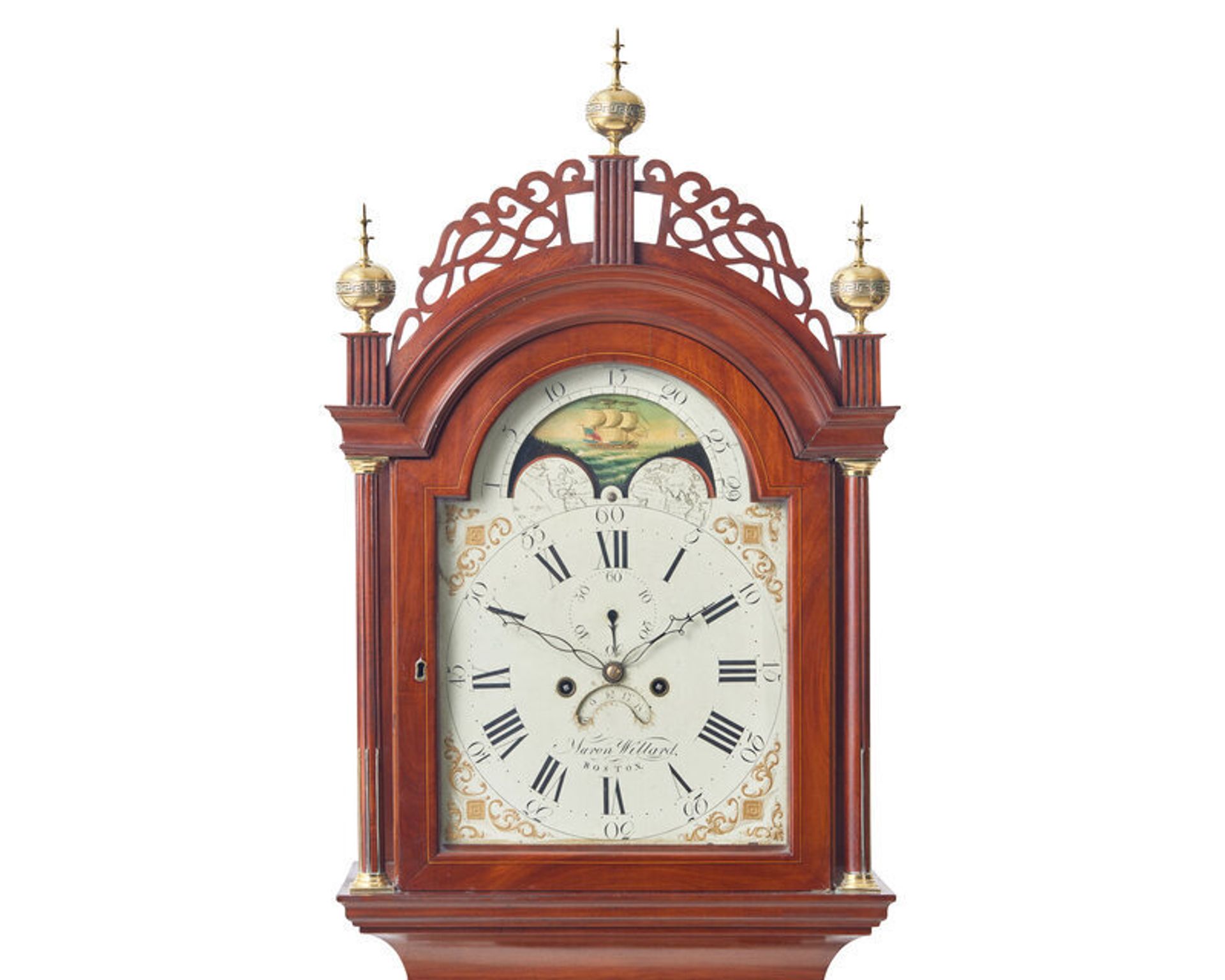 A Federal Carved Mahogany Labeled Tall Case Clock, Aaron Willard (1757-1844), Boston, MA, Circa 1810 | Estimate: $10,000 - $20,000