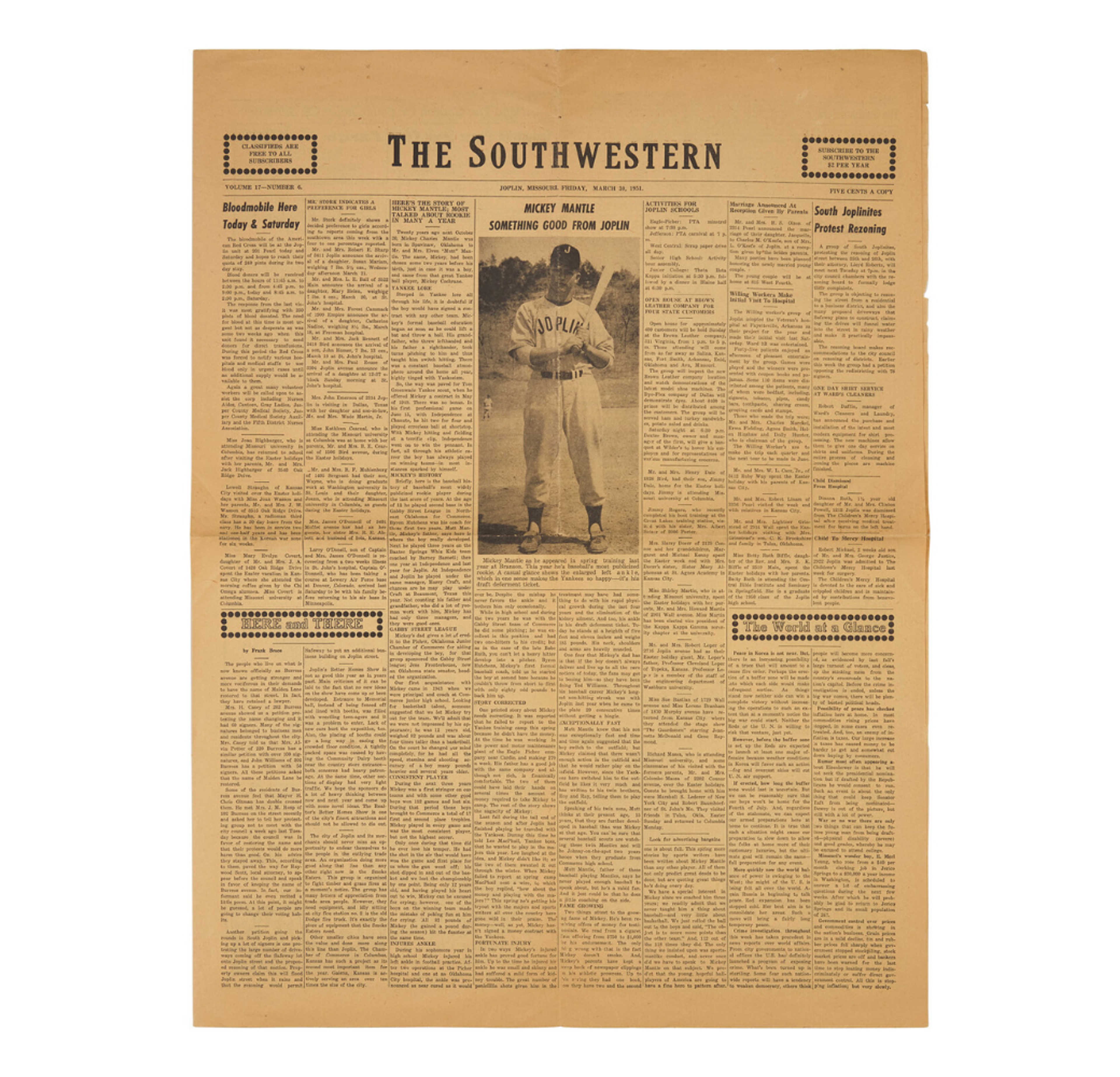 Lot 94 | Mickey Mantle’s First Cover: The Earliest Front-Page Newspaper Image of Mickey Mantle | Estimate: $8,000 - 12,000