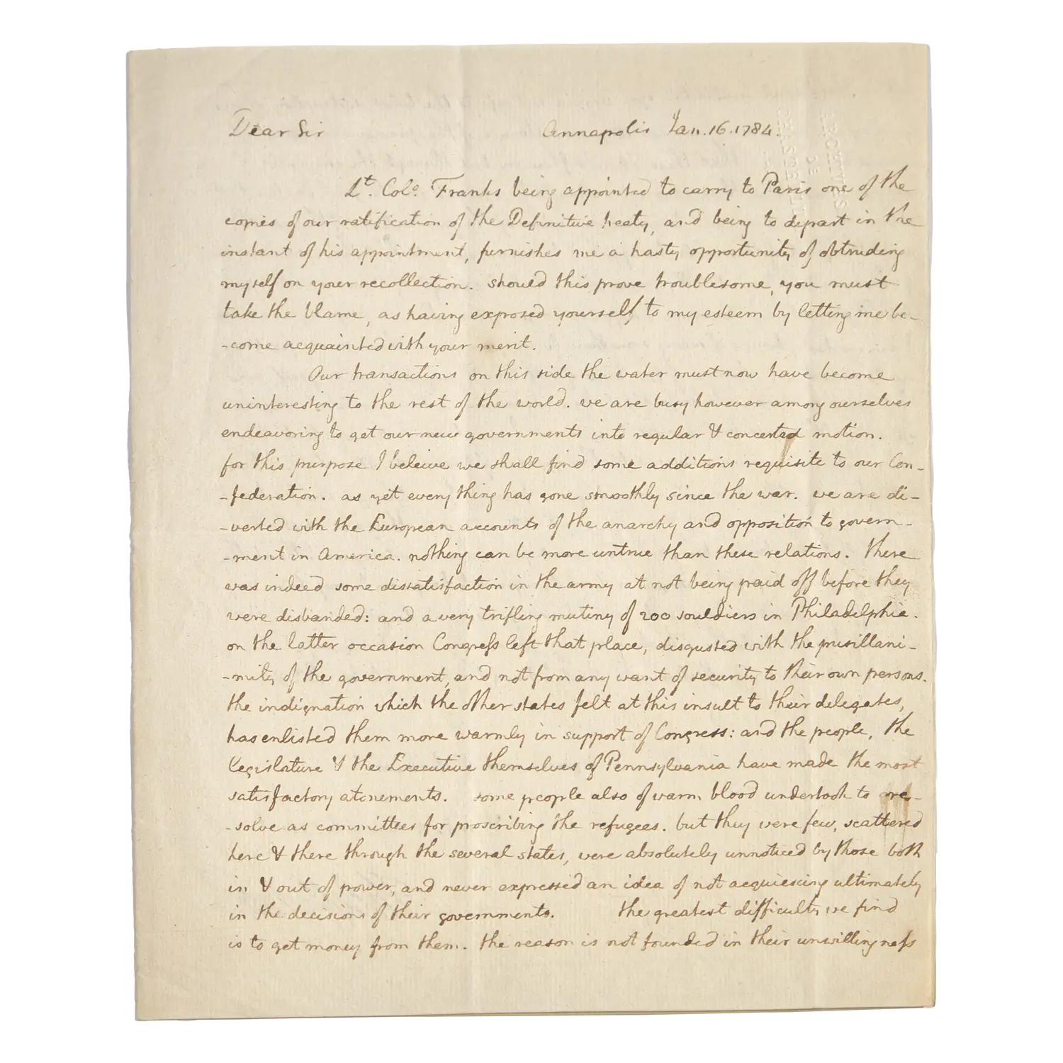(View Sale | Jefferson, Thomas. Autograph letter, signed to Marquis Chastellux) Malden, Charles Robert.