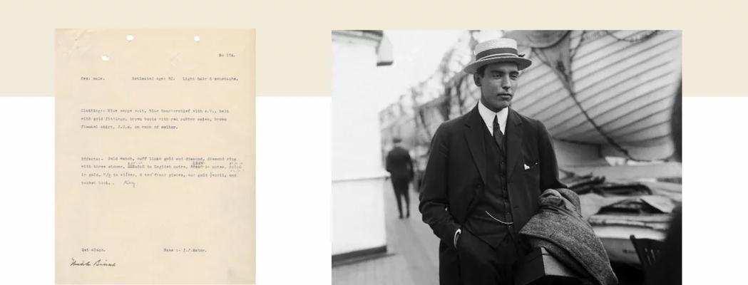 Identifying Document of Body No. 124 John Jacob Astor; Vincent Astor sur le pont d'un paquebot, circa 1920