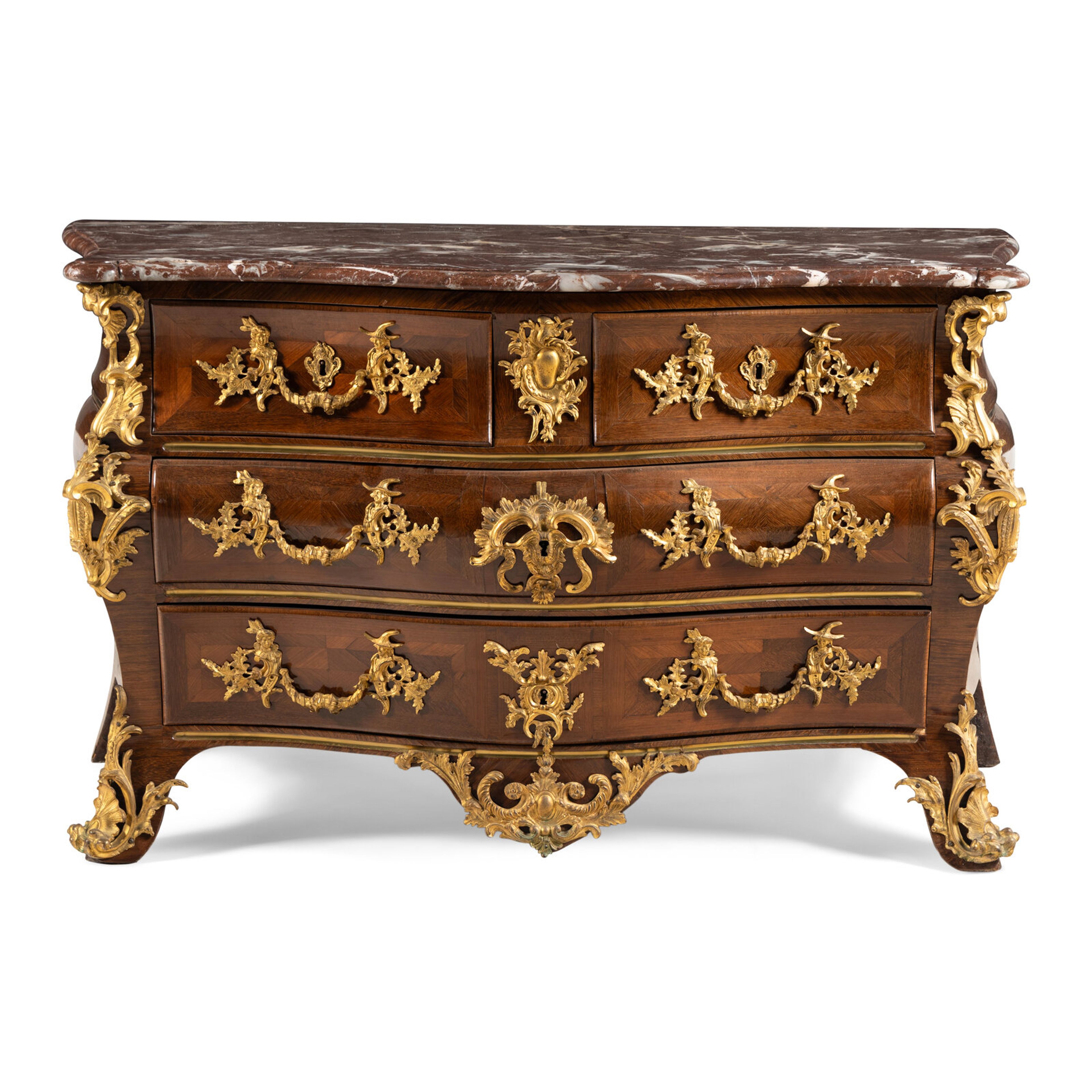 Lot 105 | A Louis XV Kingwood Parquetry and Gilt Bronze Mounted Marble-Top Commode | Estimate $5,000 – $7,000