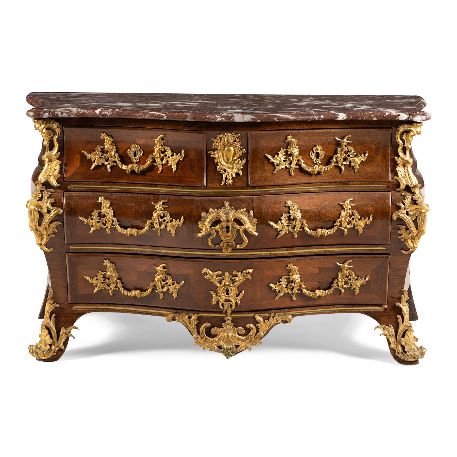 Lot 105 | A Louis XV Kingwood Parquetry and Gilt Bronze Mounted Marble-Top Commode | Estimate $5,000 – $7,000