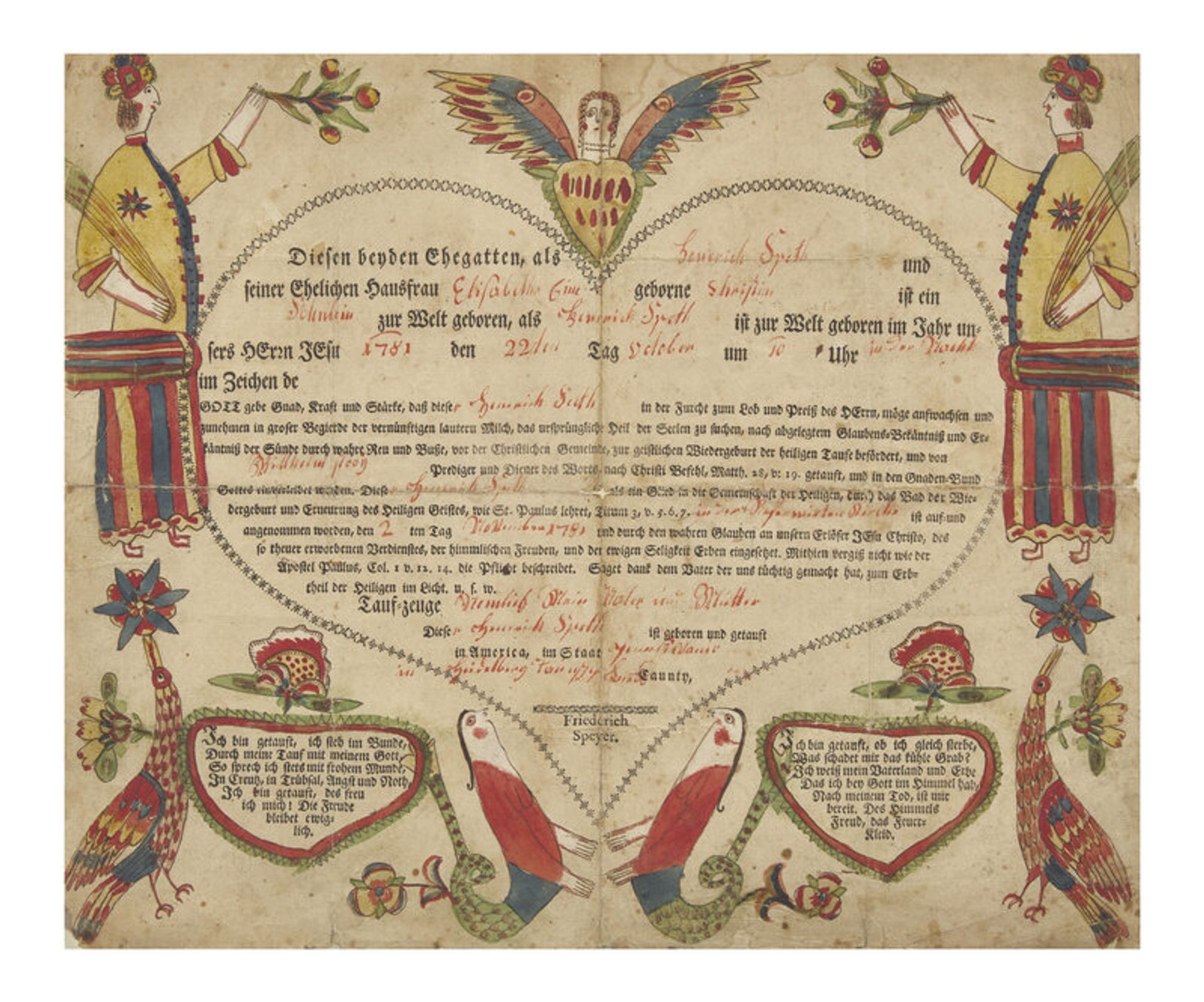 Lot 76 | A Printed and Hand-Colored Fraktur Birth and Baptism Record, Georg Friedrick Speyer (active 1774-1801), Estimate: $2,000 - $3,000