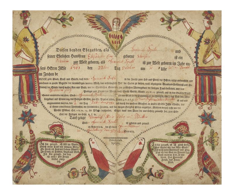 Lot 76 | A Printed and Hand-Colored Fraktur Birth and Baptism Record, Georg Friedrick Speyer (active 1774-1801), Estimate: $2,000 - $3,000
