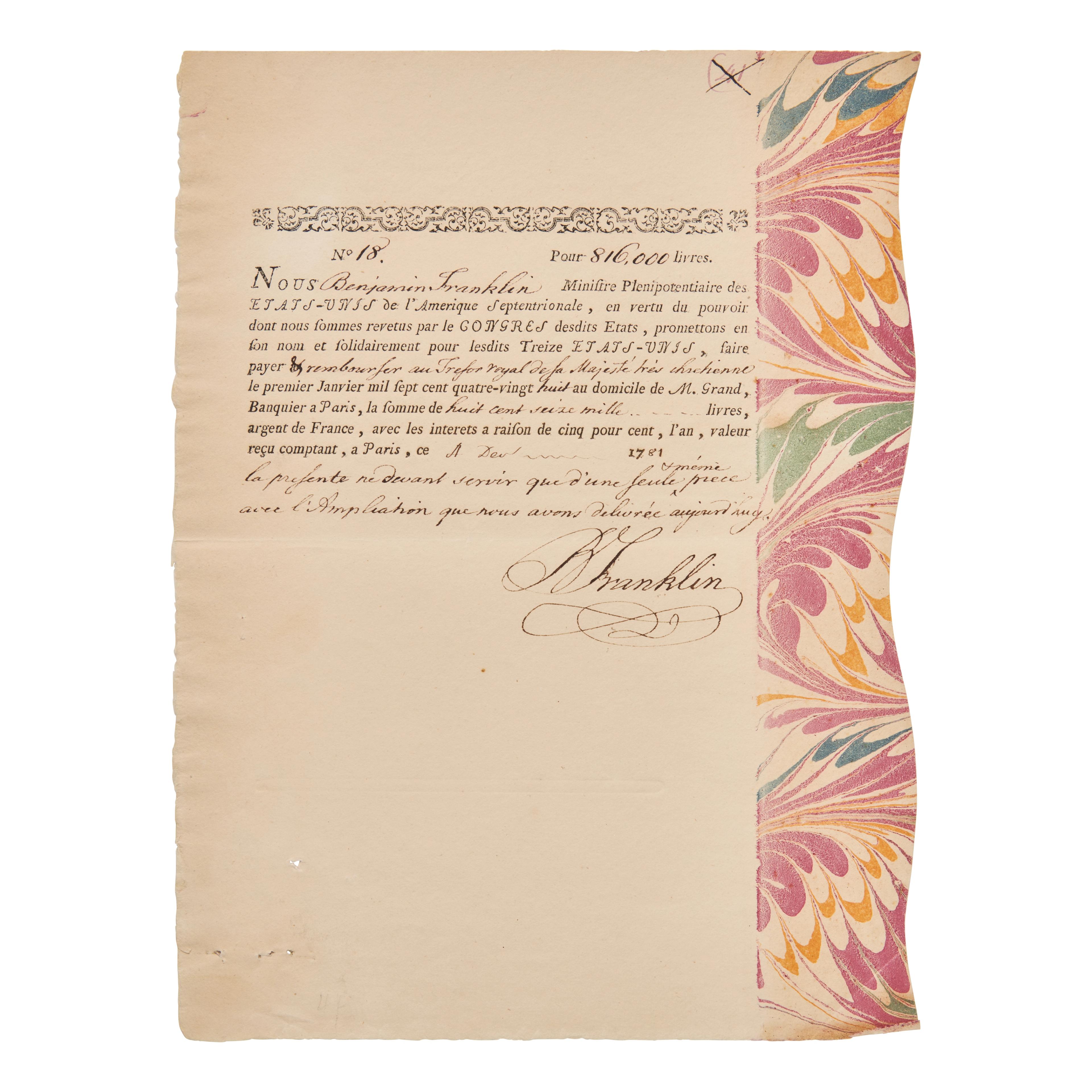Lot 23 | Important Revolutionary War Promissory note printed, accomplished, and twice signed by Benjamin Franklin | Estimate $200,000 - 300,000