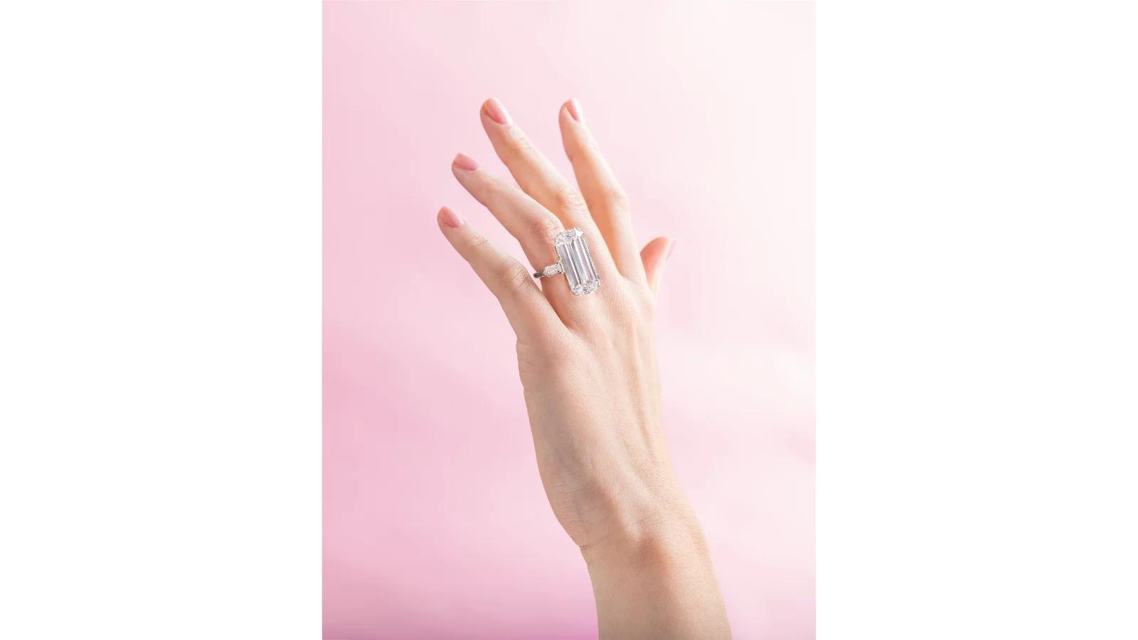 Diamond and Platinum Ring, featuring an emerald cut diamond weighing 19.12 carats | Estimate $350,000 – 450,000