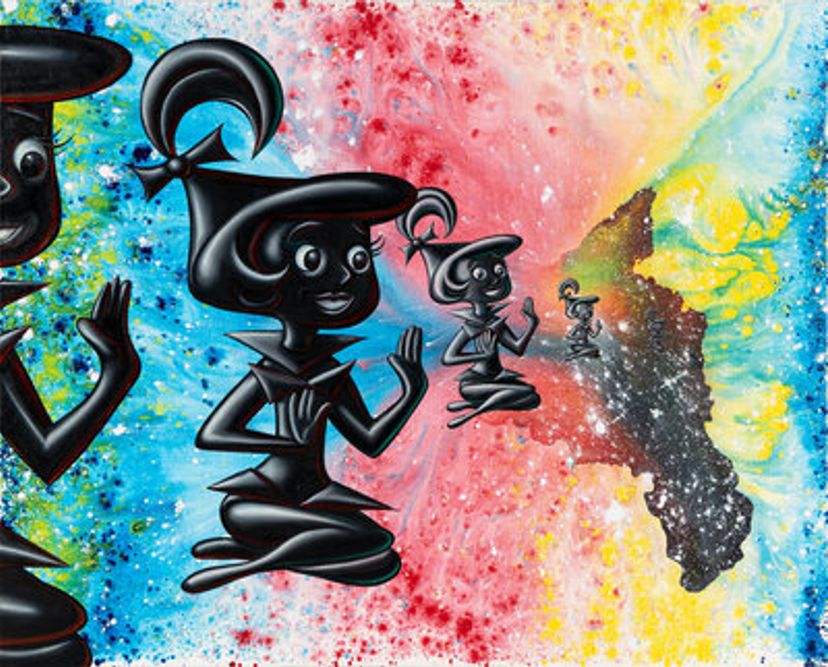 A vibrant painting featuring stylized, glossy black cartoon-like figures with exaggerated features against a colorful, splattered background of blue, pink, red, and yellow. Several figures of varying sizes sit or kneel in profile with hands raised, and an abstract dark shape resembling a landmass or splatter appears on the right side.
