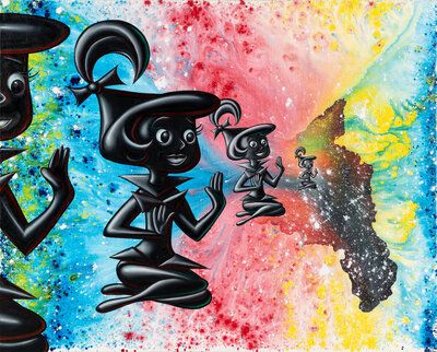 A vibrant painting featuring stylized, glossy black cartoon-like figures with exaggerated features against a colorful, splattered background of blue, pink, red, and yellow. Several figures of varying sizes sit or kneel in profile with hands raised, and an abstract dark shape resembling a landmass or splatter appears on the right side.