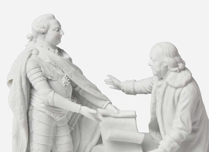 A rare commemorative unglazed porcelain figural group of French King Louis XVI and Benjamin Franklin, attributed to Charles-Gabriel Sauvauge (French, 1741-1827), Niderviller Factory (France, active 1754-1827), circa 1780 | Estimate: $15,000 - $25,000