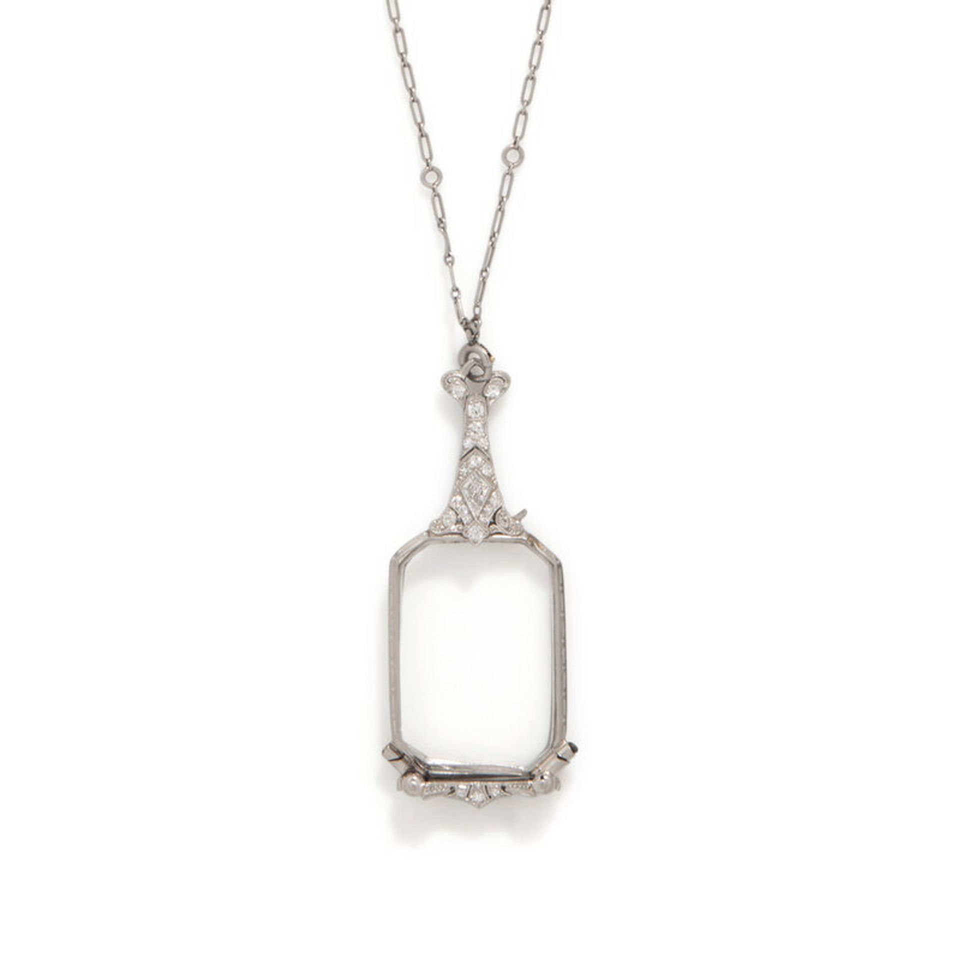 Lot 89 | EDWARDIAN, DIAMOND AND PLATINUM LORGNETTE WITH DIAMOND COLLET CHAIN | Estimate: $1,500 - 2,000