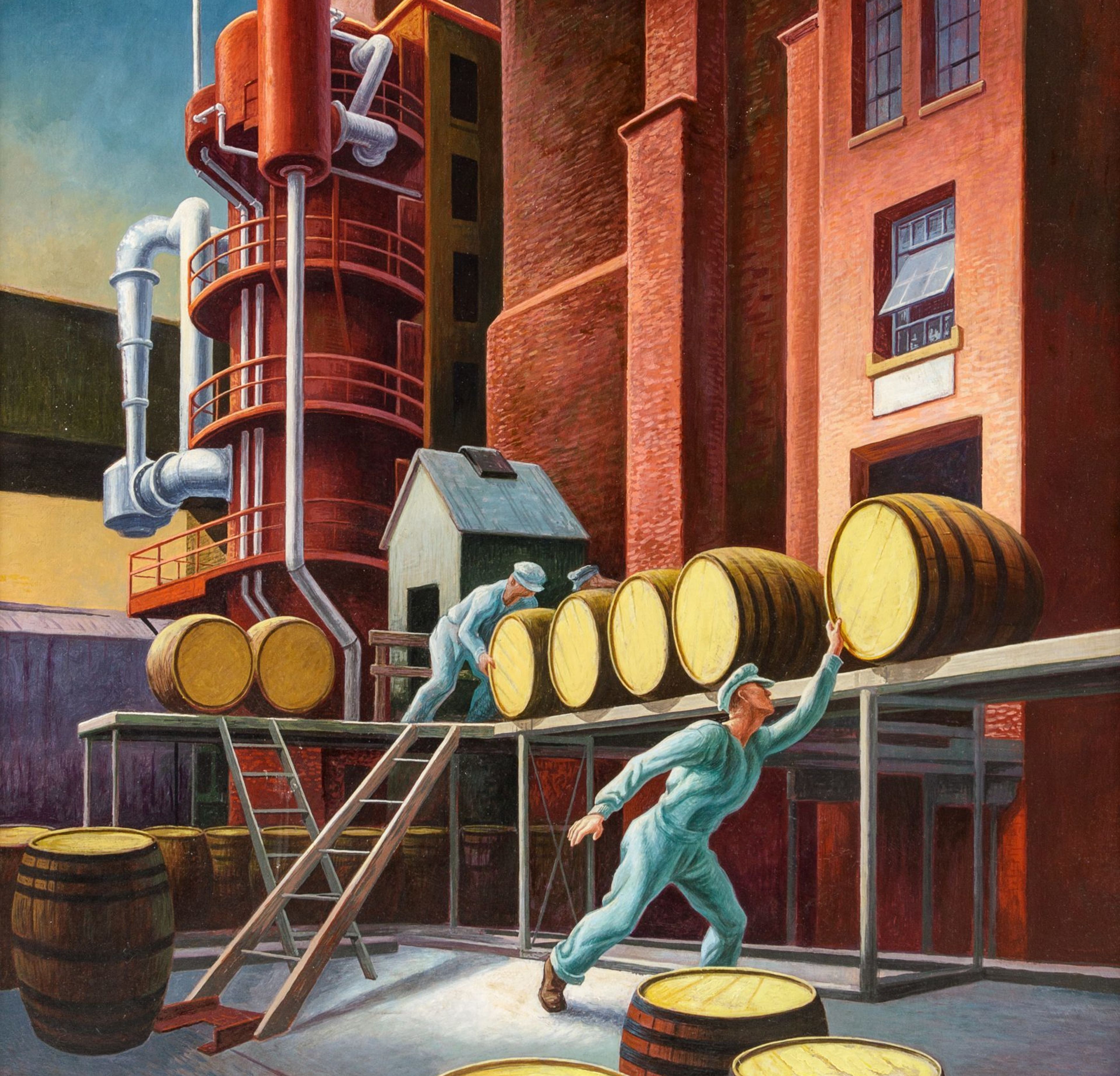Thomas Hart Benton | ‘Whiskey Going into the Rackhouse to Age’ or ‘Whiskey Barrels,’ 1945