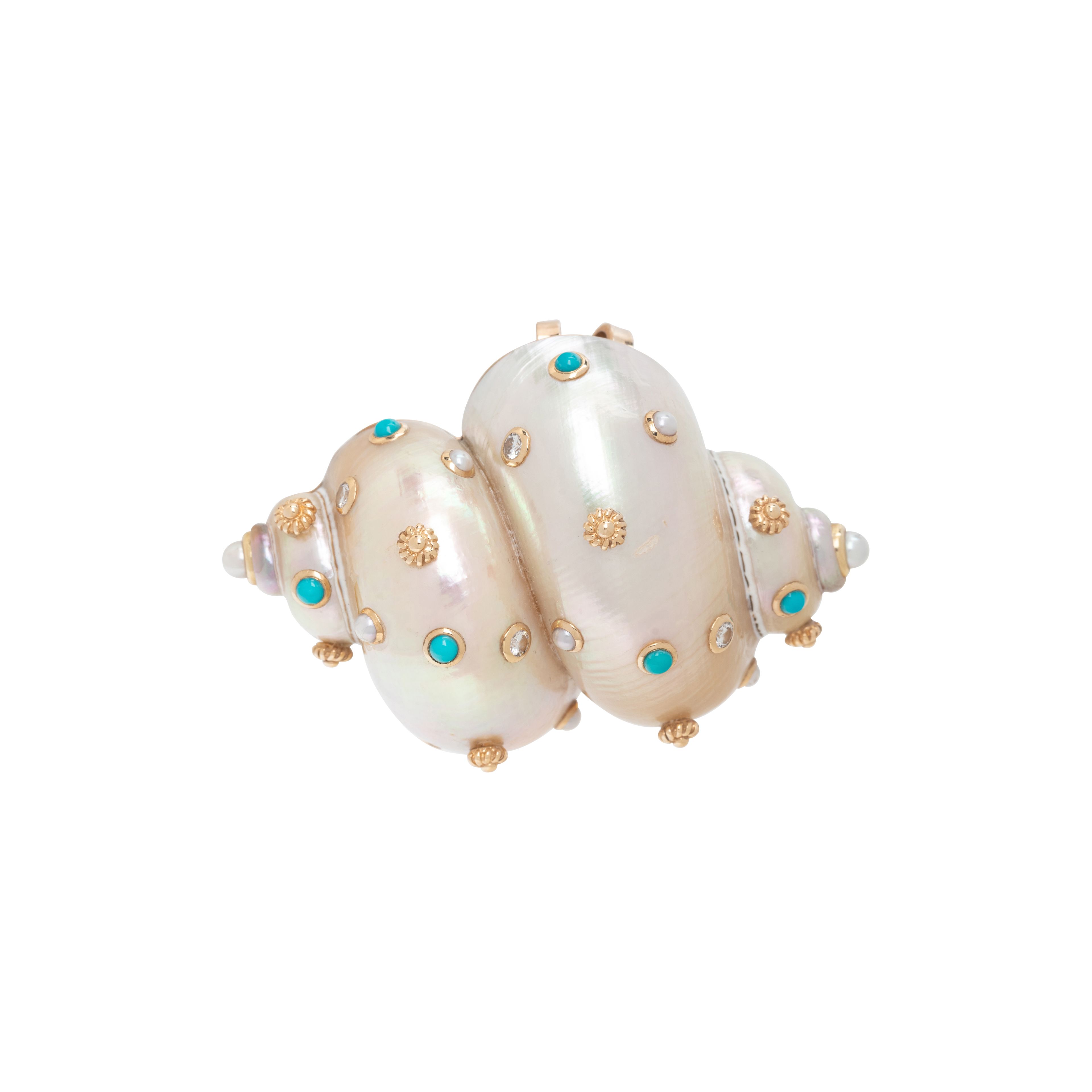 Lot 47 | VERDURA, DIAMOND, TURQUOISE, CULTURED PEARL AND SHELL BROOCH | Estimate: $2,500 - $3,500