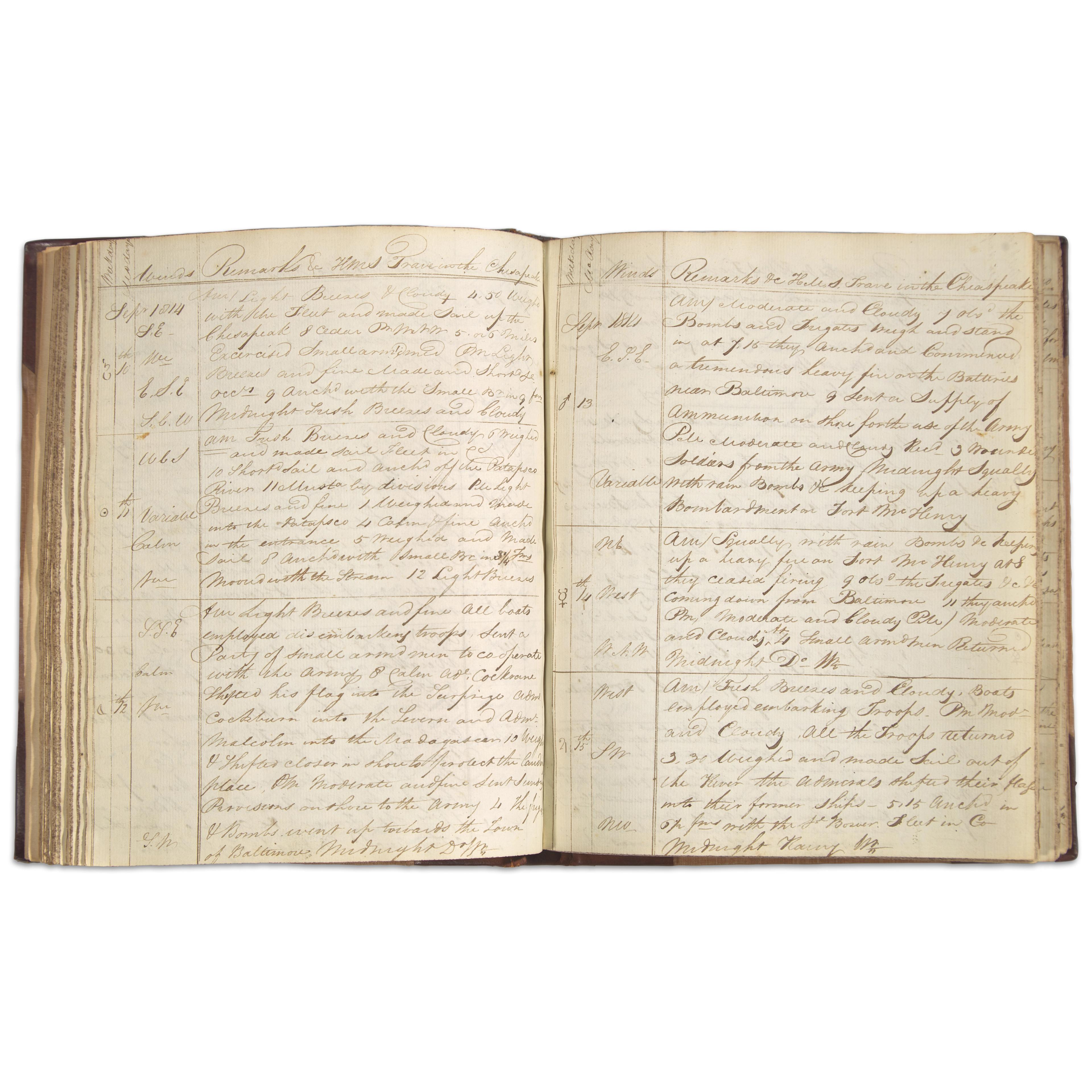 “Bombs &c keeping up a heavy bombardment on Fort McHenry” From the Logbook of a British Midshipman during the bombing of Fort McHenry.
Estimate $60,000 – 80,000