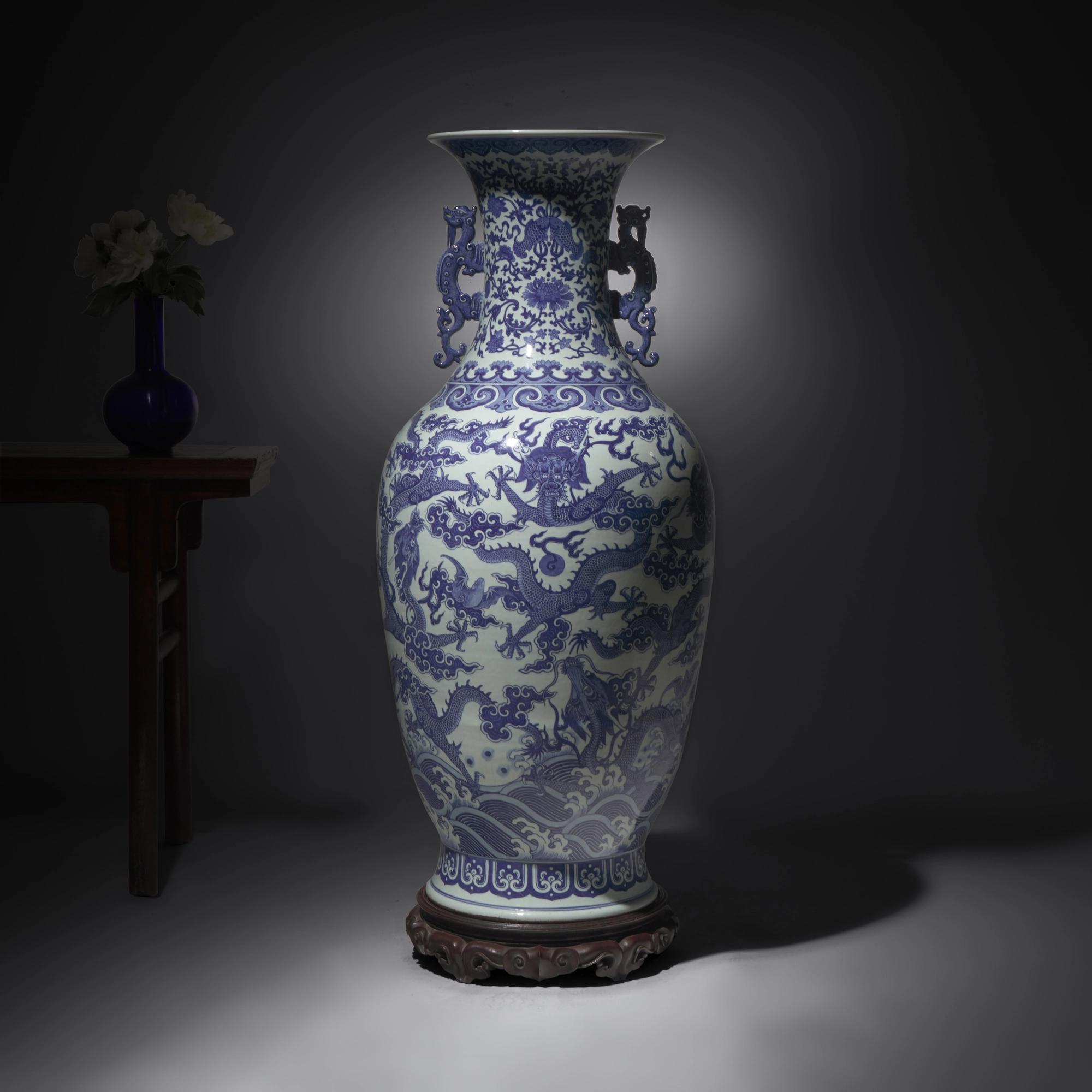 Lot 286 | A Magnificent, Monumental, and Extremely Rare Chinese Blue and White 'Nine Dragons' Vase, Qing Dynasty, Jiaqing/Daoguang Period 清嘉慶/道光 巨型青花九龍大瓶（附山中商會1943年圖錄   Estimate: $40,000 – $60,000 