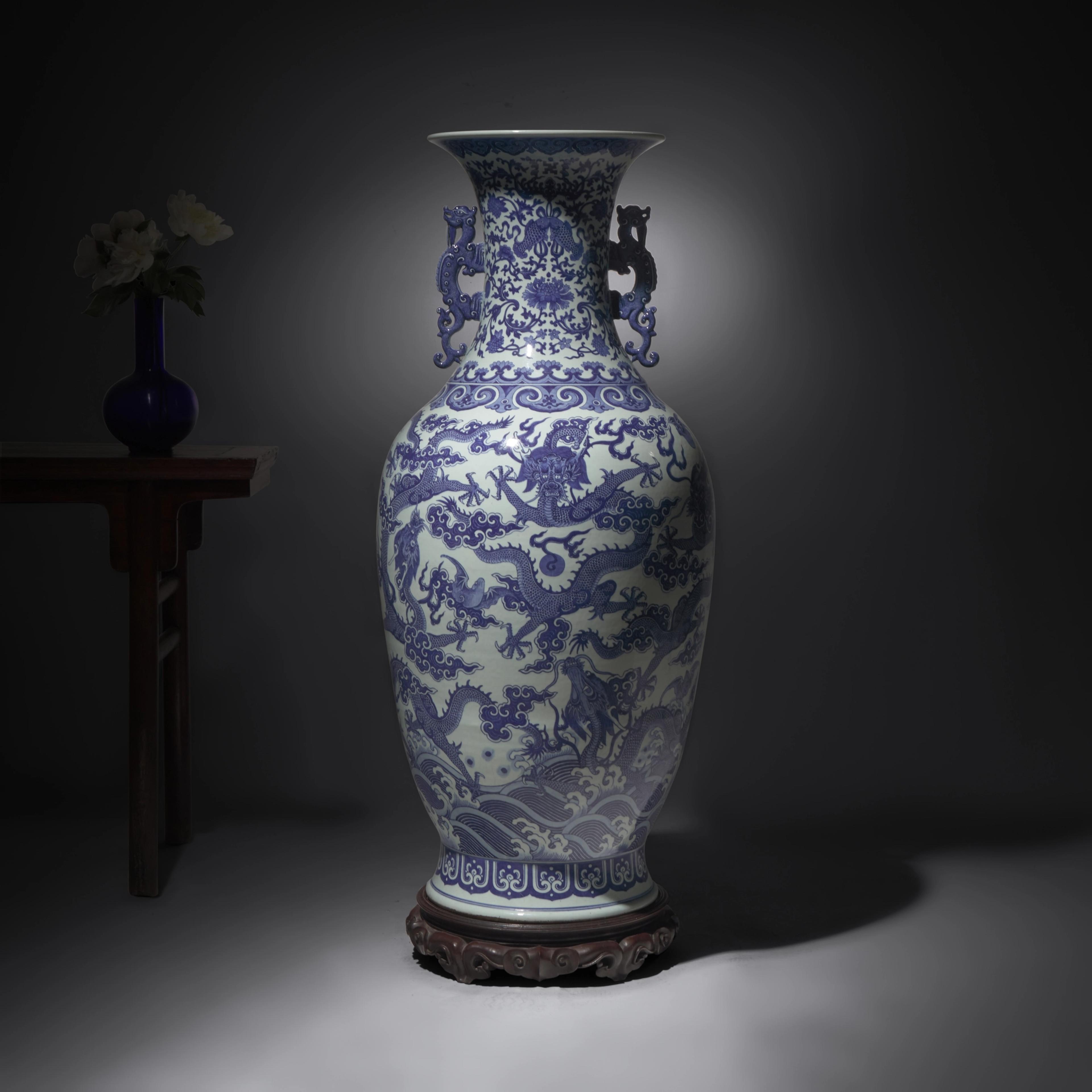 Lot 286 | A Magnificent, Monumental, and Extremely Rare Chinese Blue and White 'Nine Dragons' Vase, Qing Dynasty, Jiaqing/Daoguang Period 清嘉慶/道光 巨型青花九龍大瓶（附山中商會1943年圖錄   Estimate: $40,000 – $60,000 
