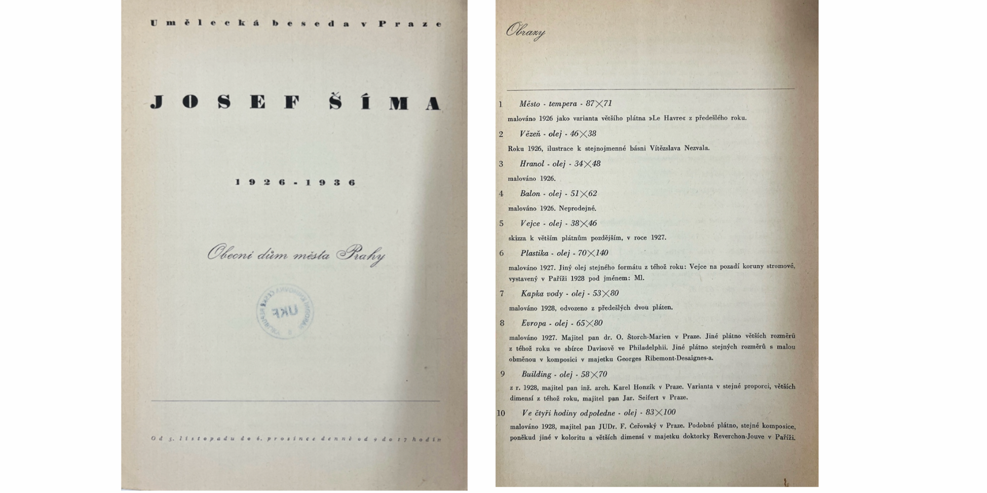 Exhibition checklist from the catalogue of the jubilee exhibition JOSEF ŠÍMA 1926–1936, organized by Umělecká beseda (Artistic Forum) in Prague from November 5 to December 6, 1936. This catalogue not only lists the exhibits displayed at the exhibition but also functions as a ‘working’, personal ‘inventory’ of Šíma, which, besides the works presented, in several cases also mentions other existing paintings with the same motif and their locations. Listed under #8 is the Moravian Gallery version of Europa. It later states the existence of ‘another larger canvas from the same year in the Davis Collection in Philadelphia.” A third canvas of the same size with slight variations in composition is also noted as in the collection of Georges Ribemont-Desaignes.