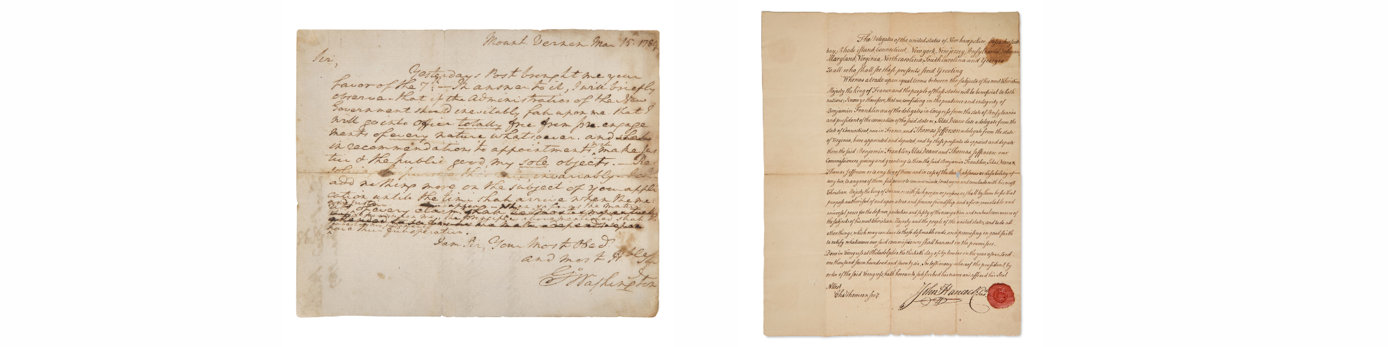 LEFT TO RIGHT
Lot 148: Washington, George. Autograph Letter, signed | Estimate $250,000 – 350,000
Lot 29: Letter of credence appointing Benjamin Franklin, Silas Deane, and Thomas Jefferson commissioners to the court of France to negotiate a treaty of alliance, September 30, 1776" | Estimate $150,000 – 250,000