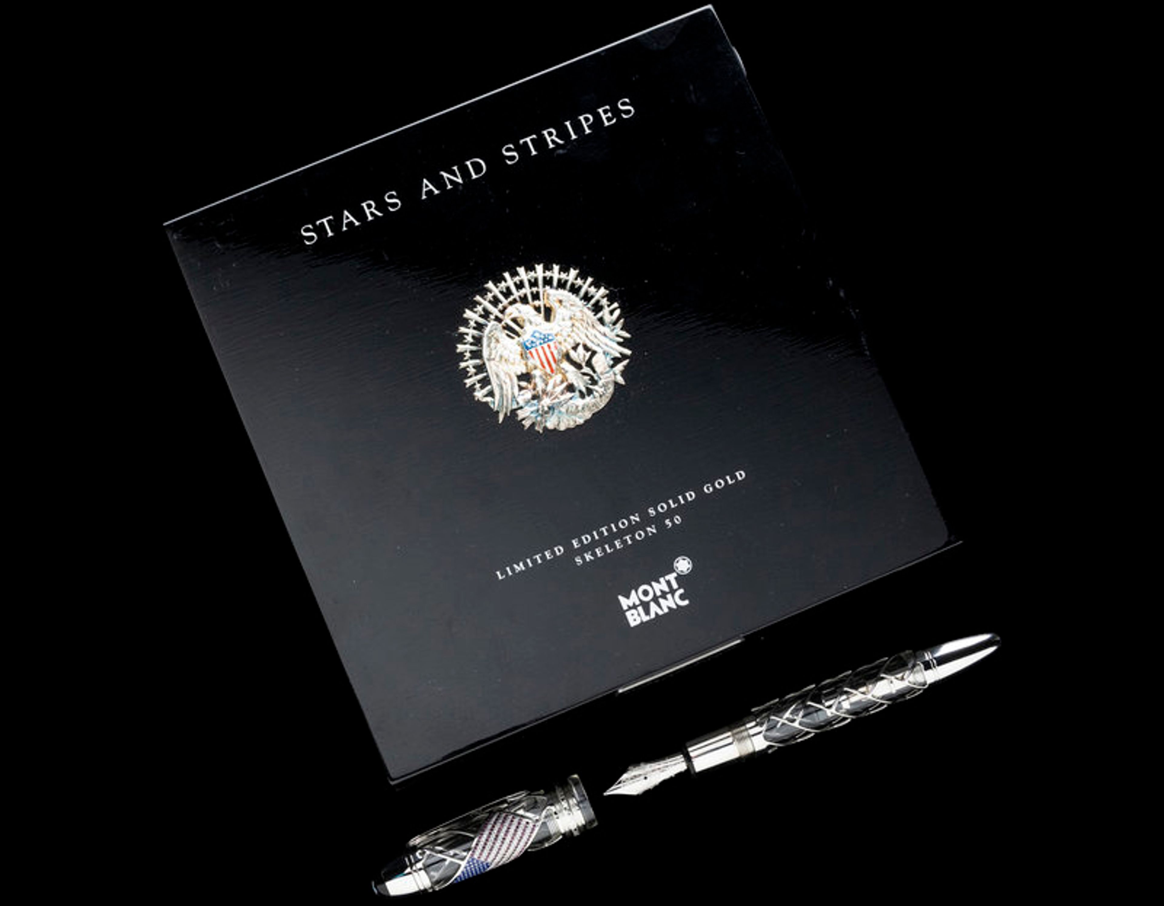 A Montblanc Stars and Stripes: 50 Limited Edition Solid Gold Skeleton Fountain Pen