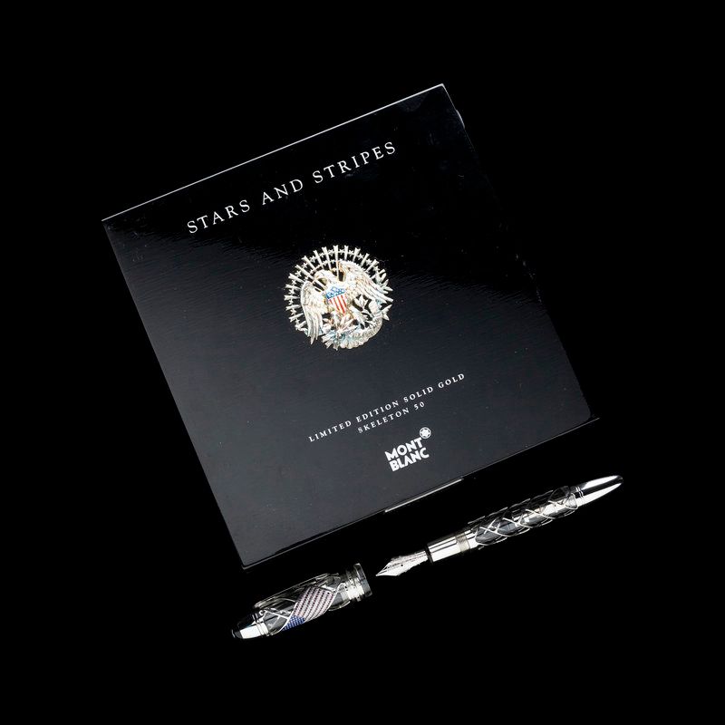 A Montblanc Stars and Stripes: 50 Limited Edition Solid Gold Skeleton Fountain Pen