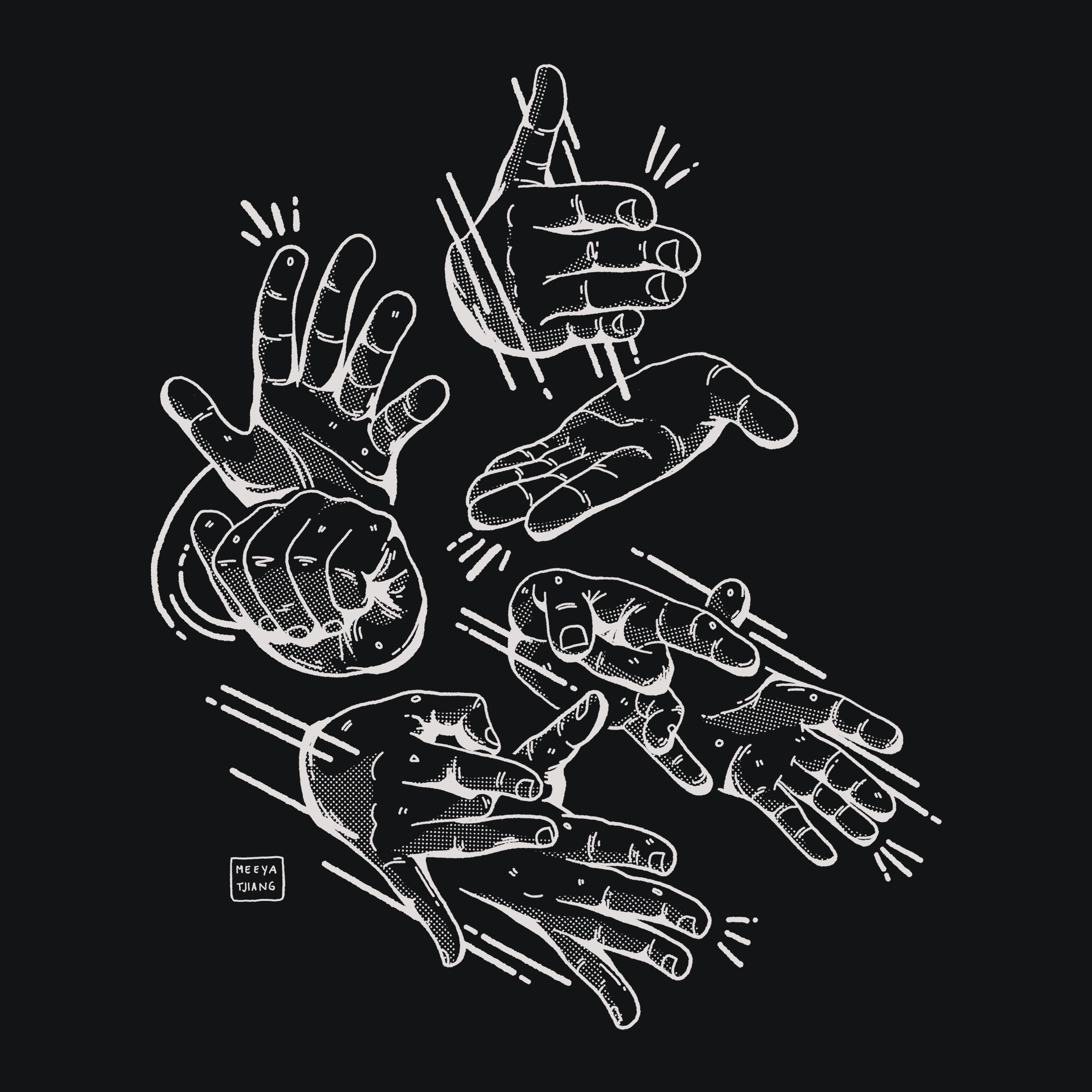 The Stop Asian Hate artwork: a cluster of signing hands drawn in white
