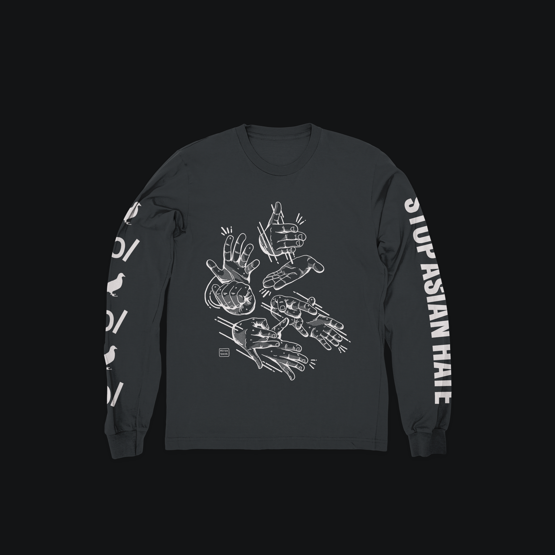 Black Stop Asian Hate long-sleeve shirt, front, with signing hands on the chest