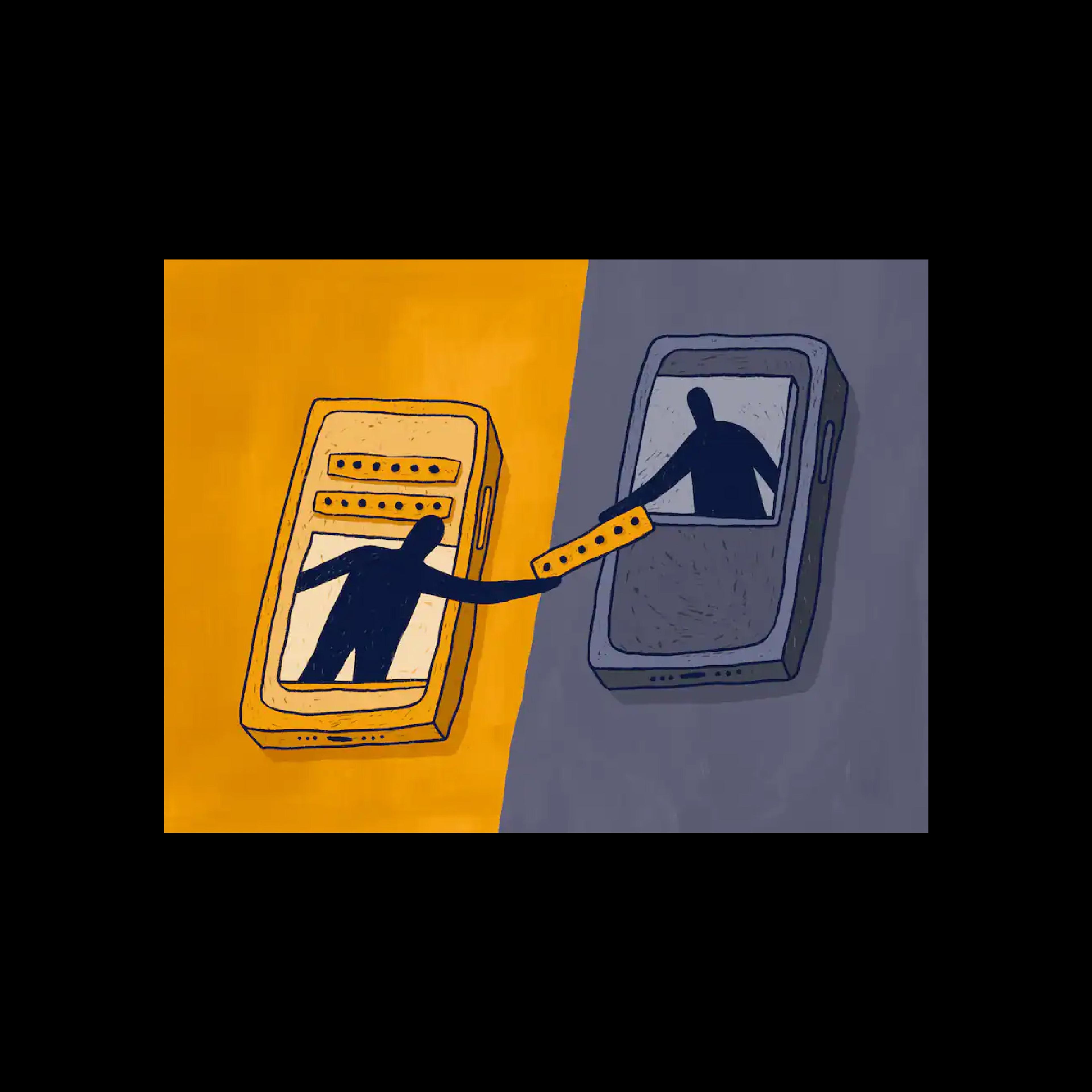 Illustration of two people reaching between two phones