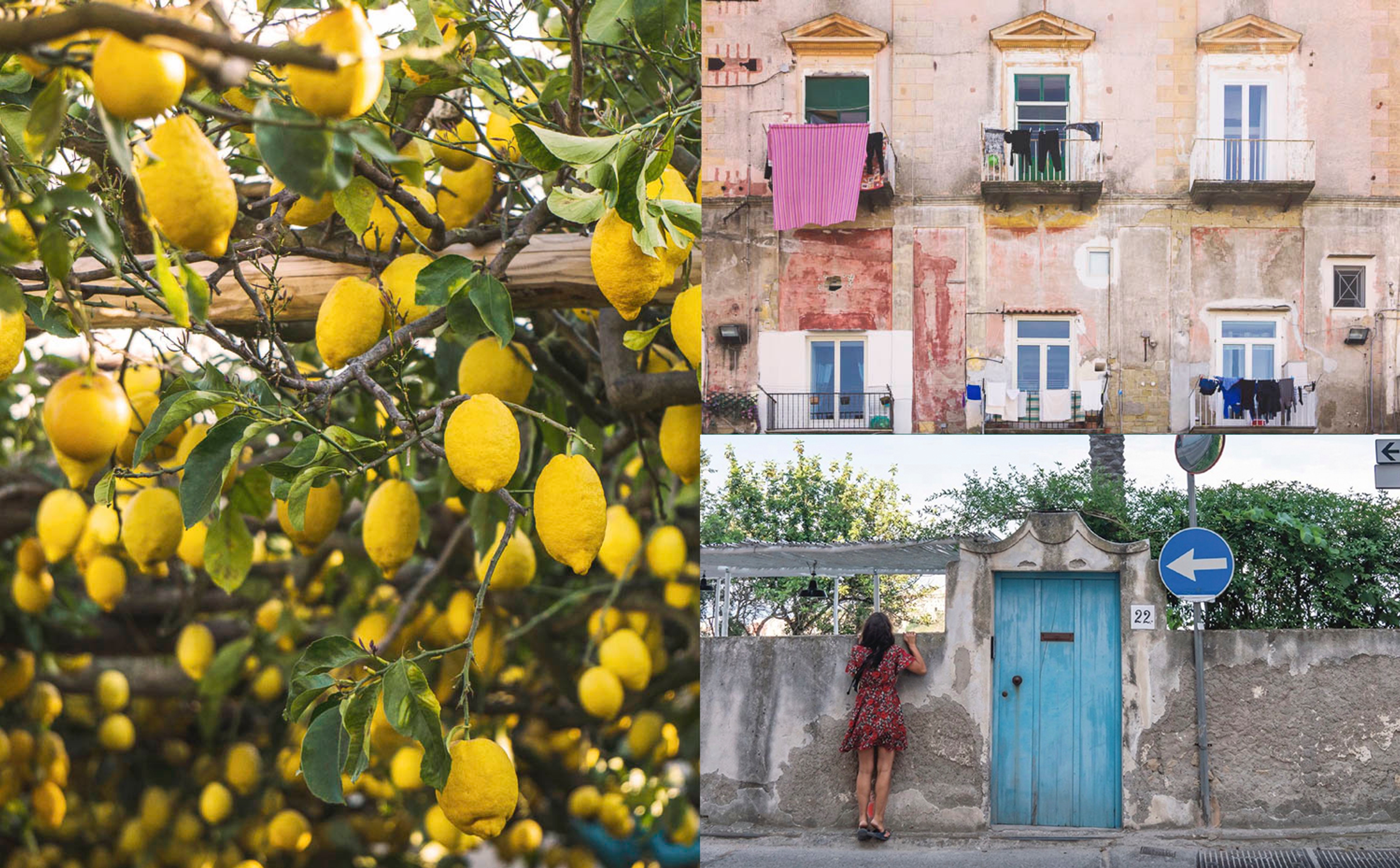 foto a colori con barca, acqua, limoni e una facciata di una casa