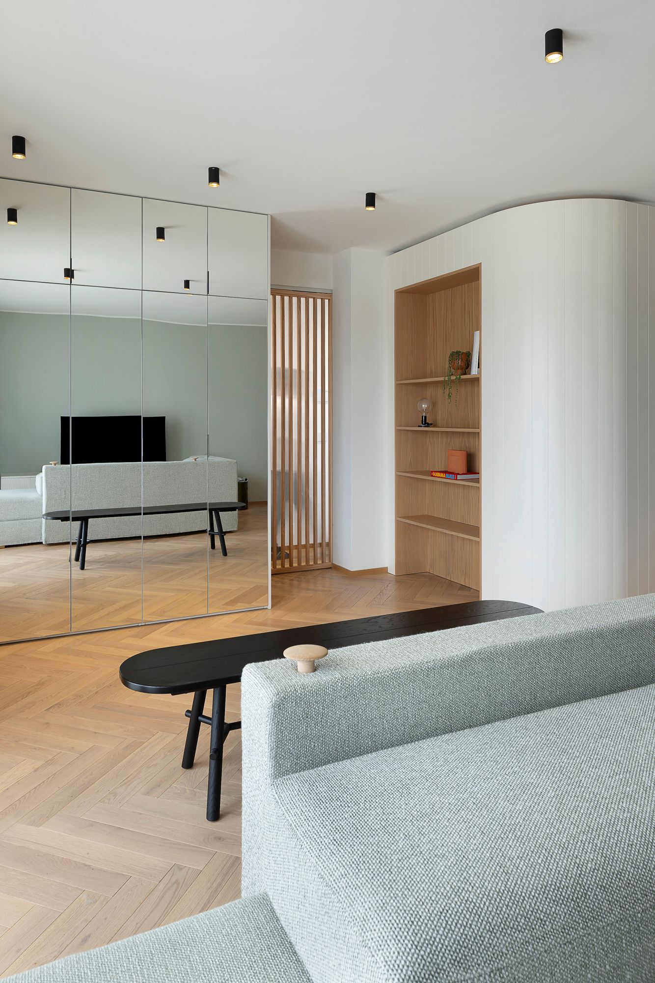 immagine a colori di un living con parete specchiata