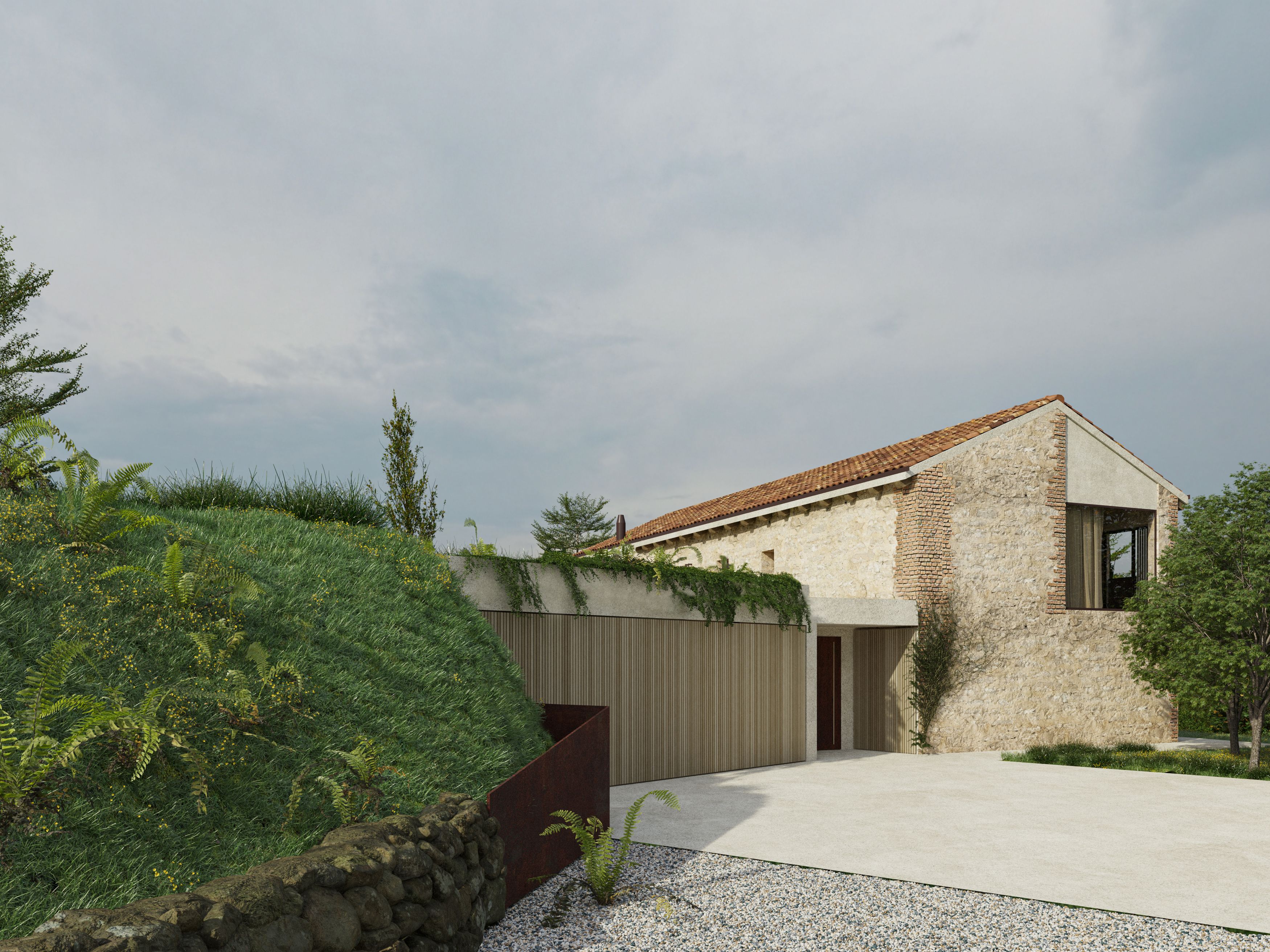 foto a colori di una residenza ristrutturata in collina