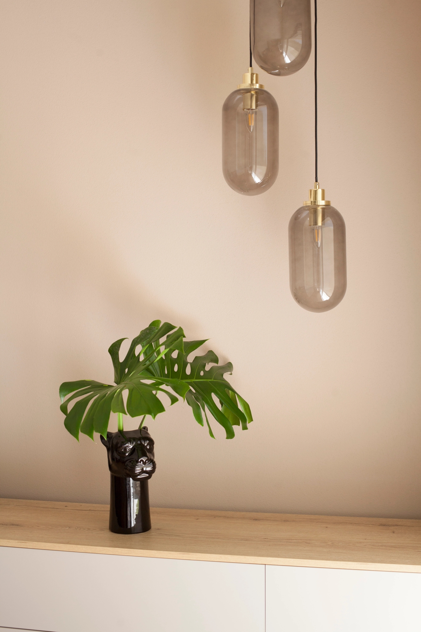 foto a colori con vaso nero con foglia e dettagli lampadario