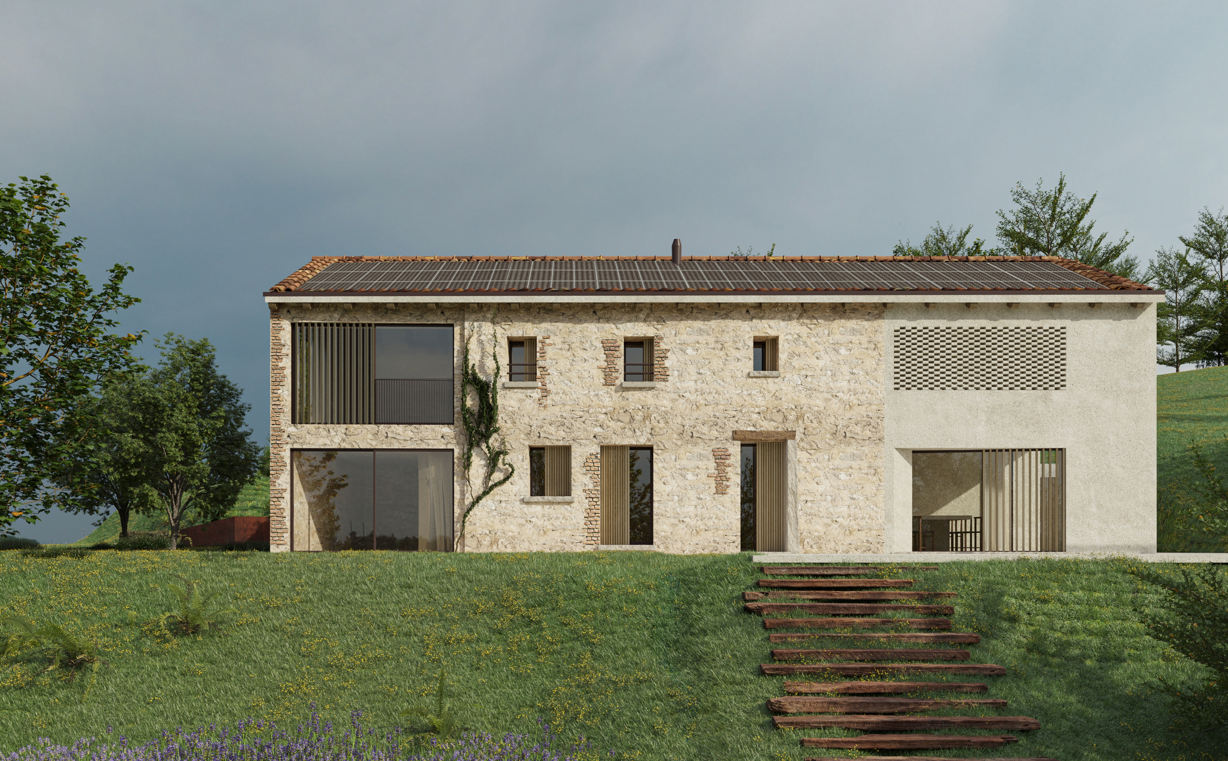 foto a colori di una residenza ristruttura in collina