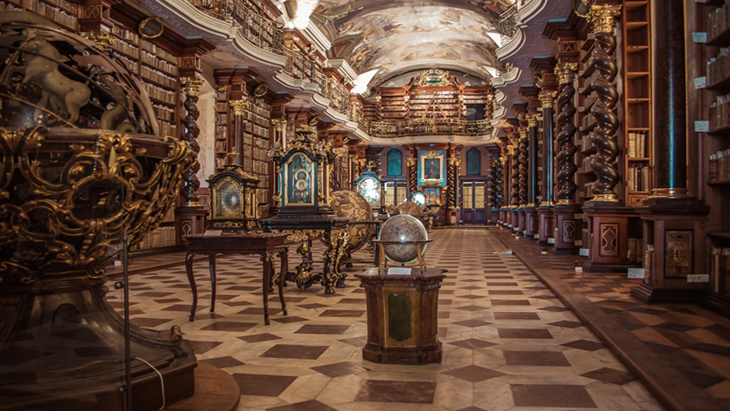A grand, ornate library with tall wooden bookshelves, globes, and intricate decorations.