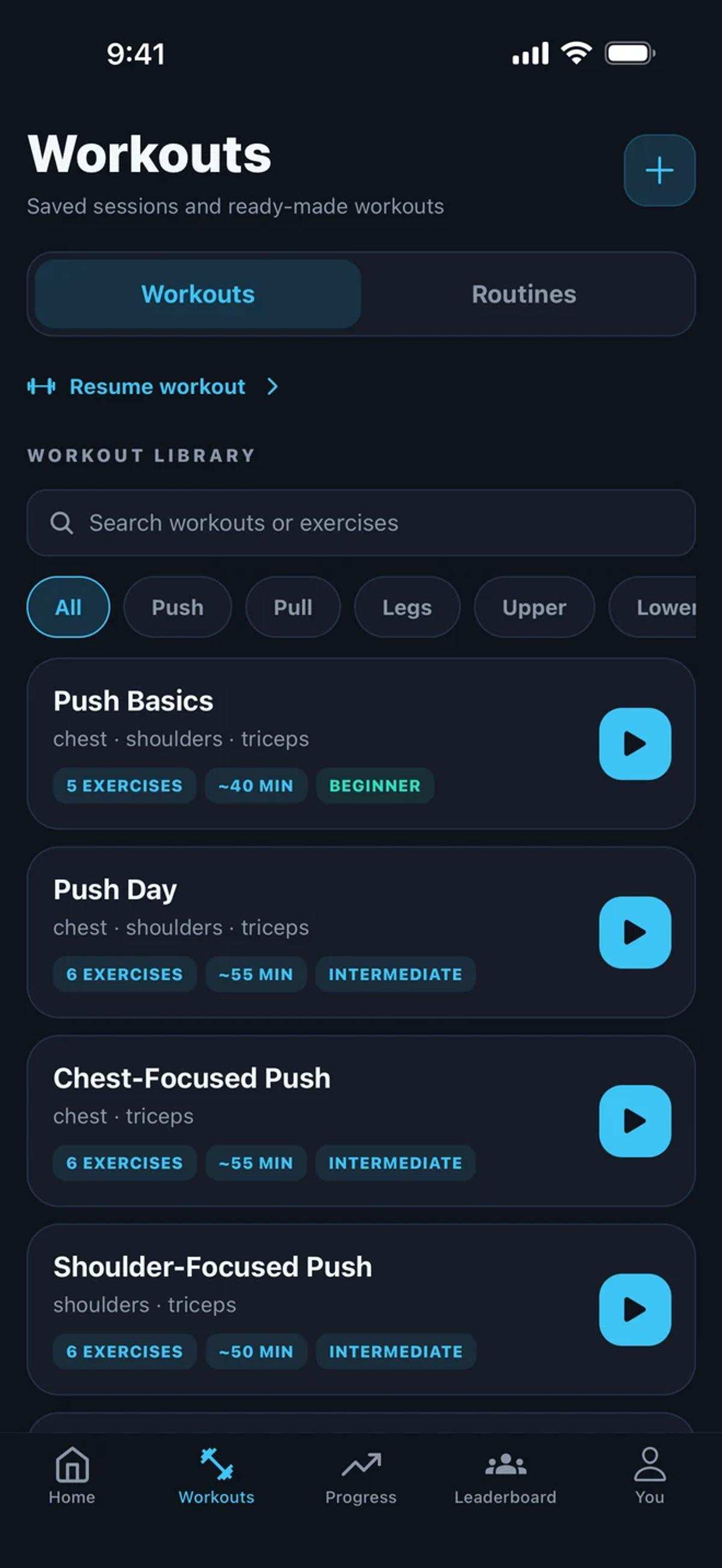 Gymr workout library showing workout categories, saved workouts, and the add control.