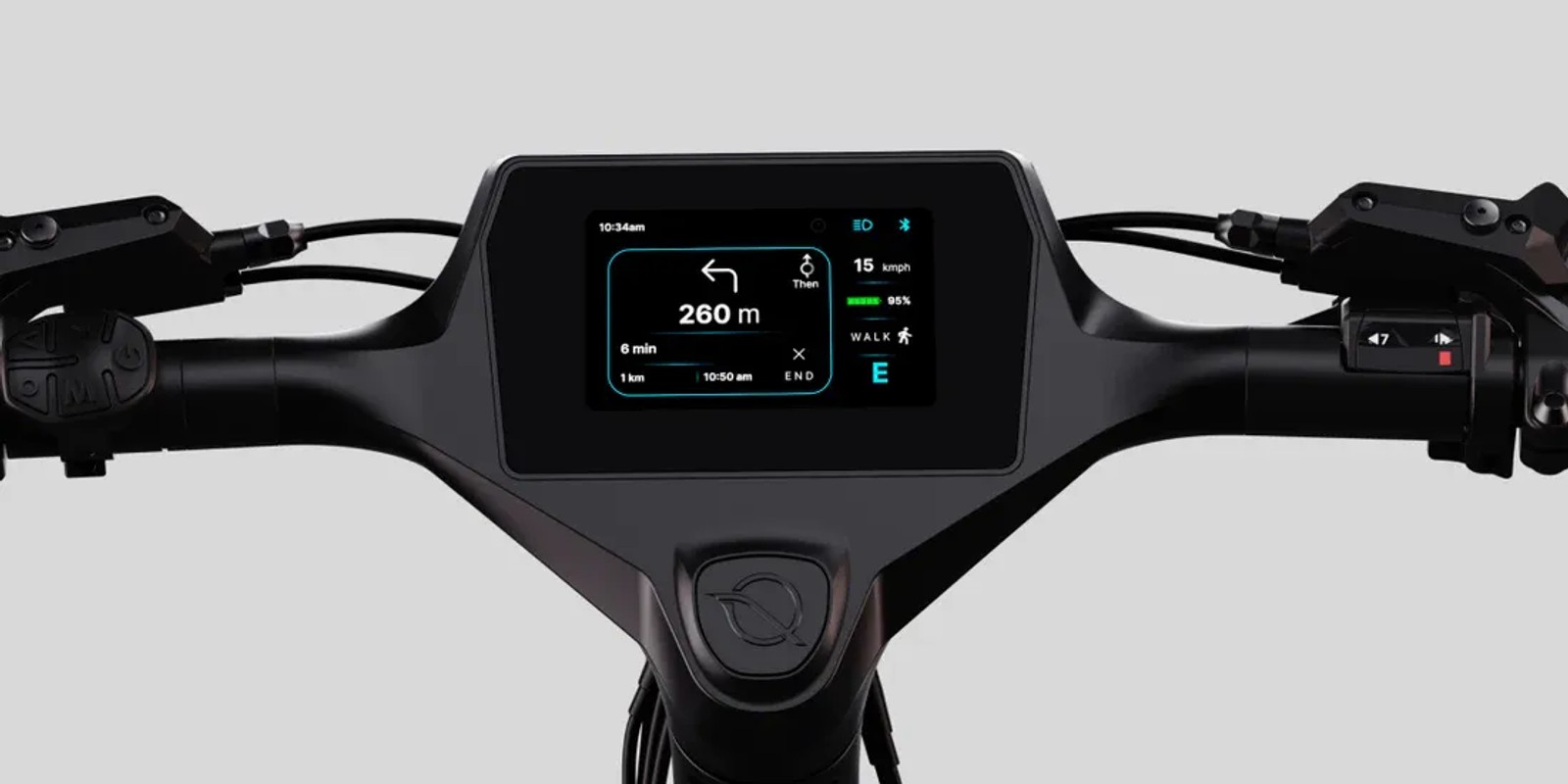 NINE09 eBike handlebar with the 4.3-inch smart dashboard showing turn-by-turn navigation