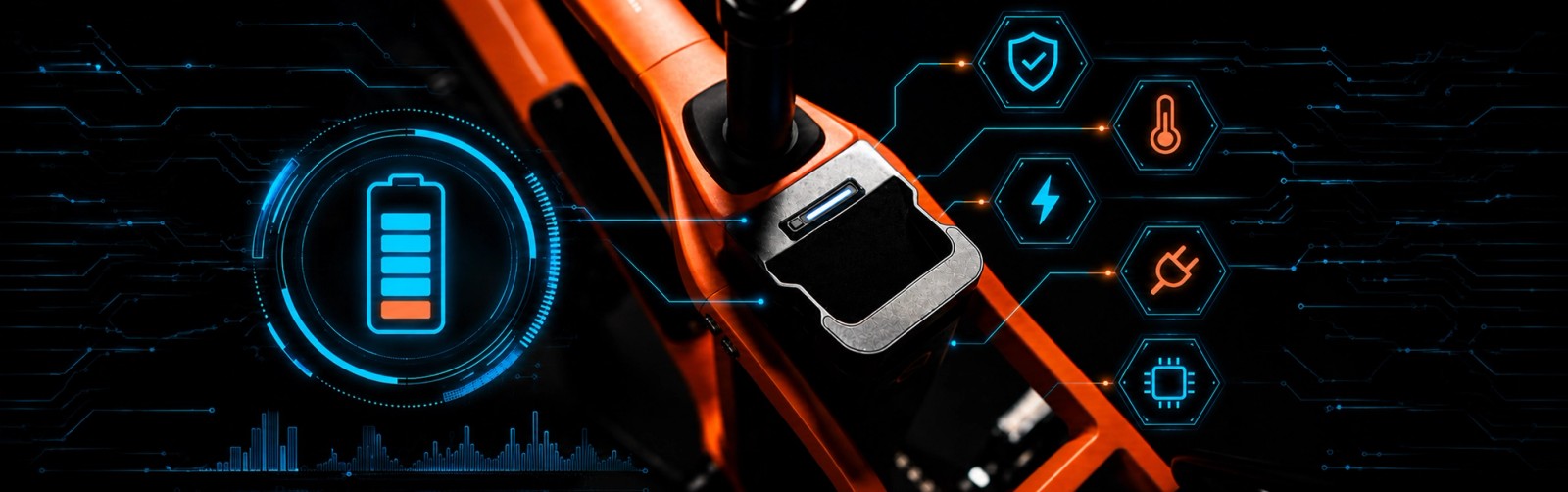Removable lithium-ion eBike battery in an orange electric bike frame with Smart BMS safety icons