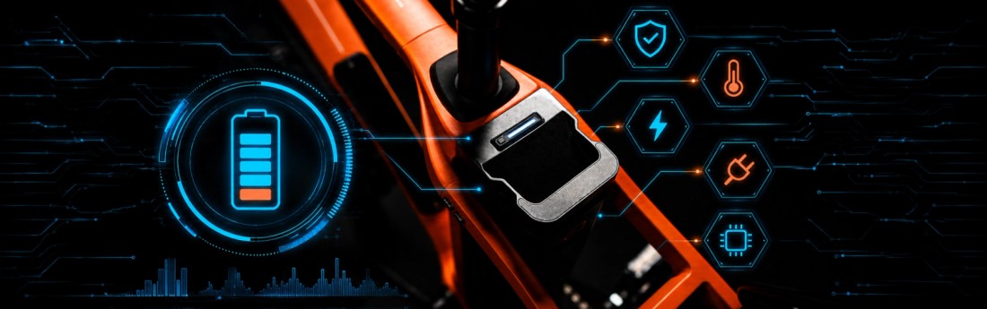Removable lithium-ion eBike battery in an orange electric bike frame with Smart BMS safety icons