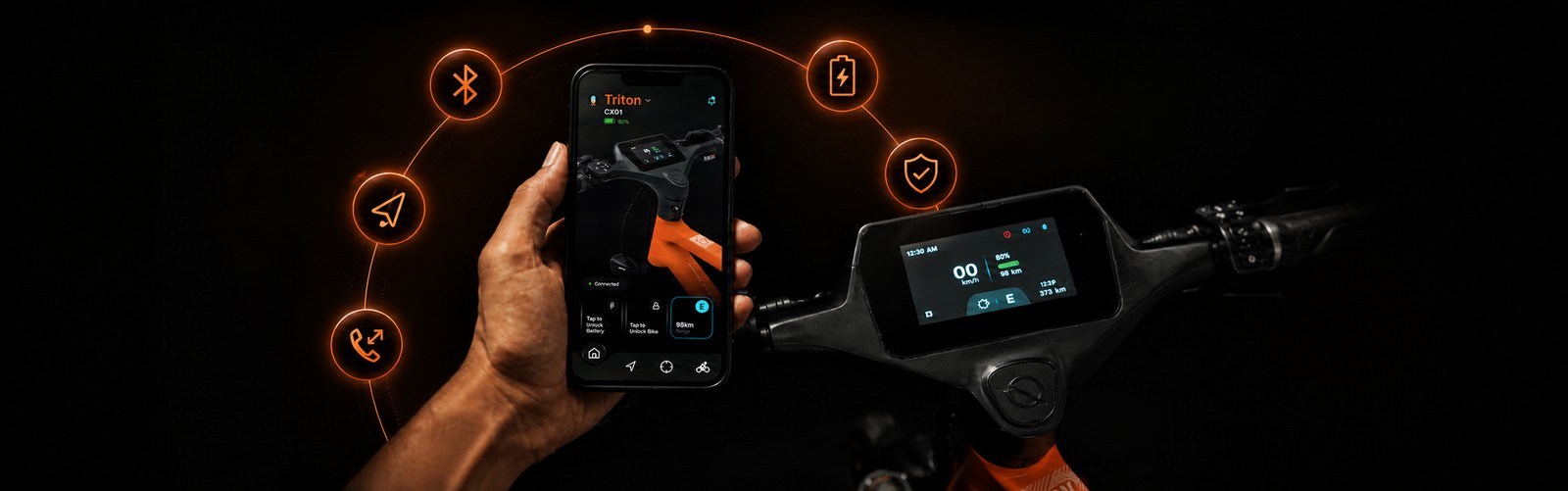 NINE09 Connect app and CX01 eBike display showing GPS, battery lock and hands-free call features