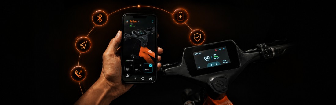 NINE09 Connect app and CX01 eBike display showing GPS, battery lock and hands-free call features