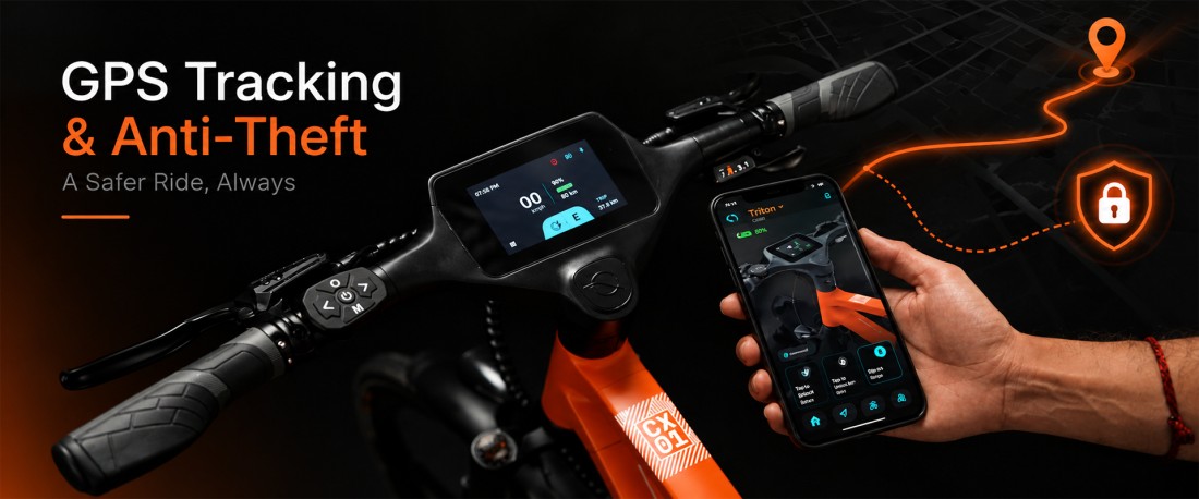 NINE09 CX01 eBike handlebar display and Connect app showing live GPS tracking and anti-theft locking