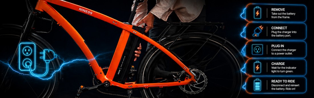 Removable eBike battery lifted out of a NINE09 electric bike frame, with the five charging steps
