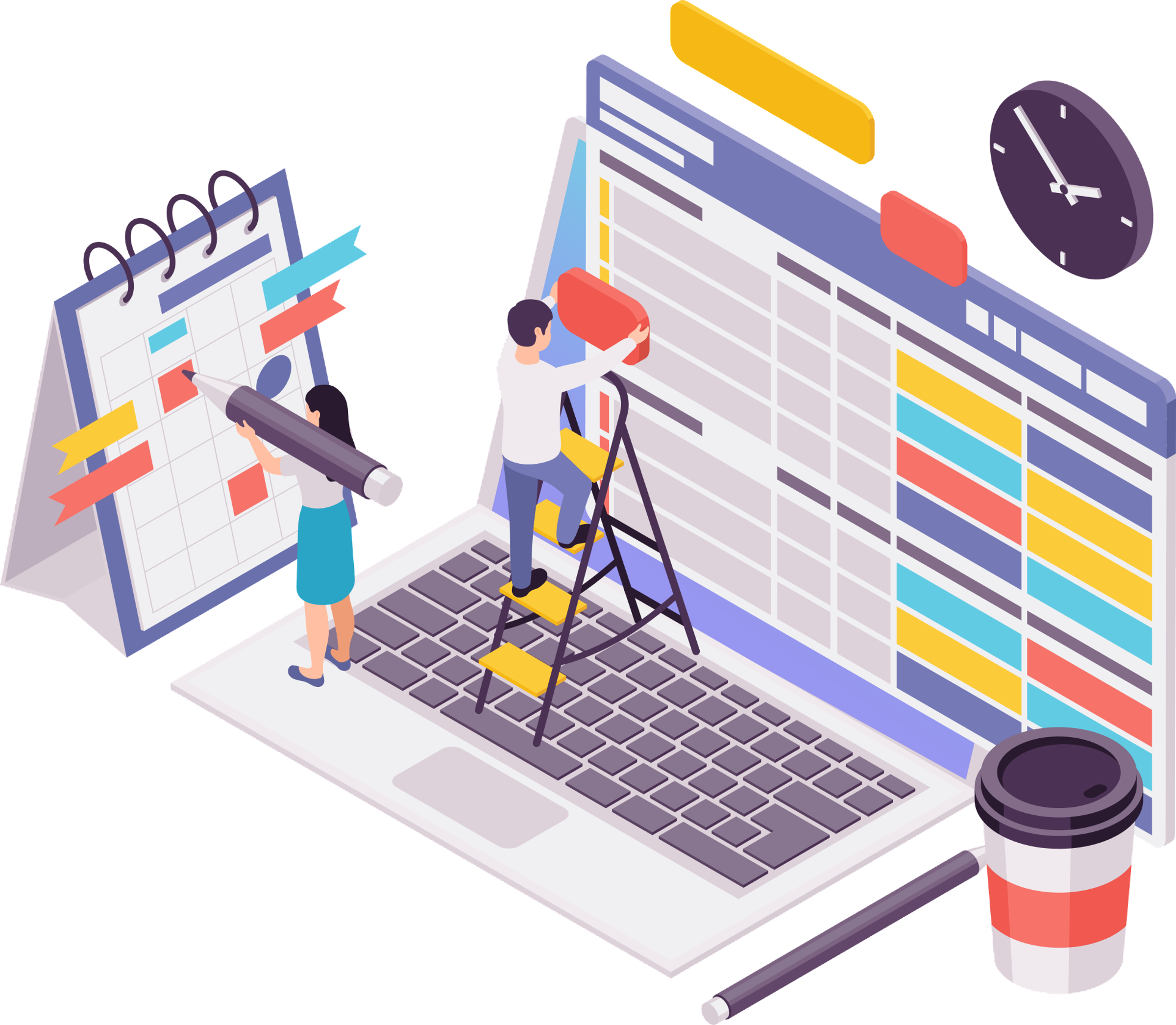 Illustration of a team updating a project schedule on a large digital calendar