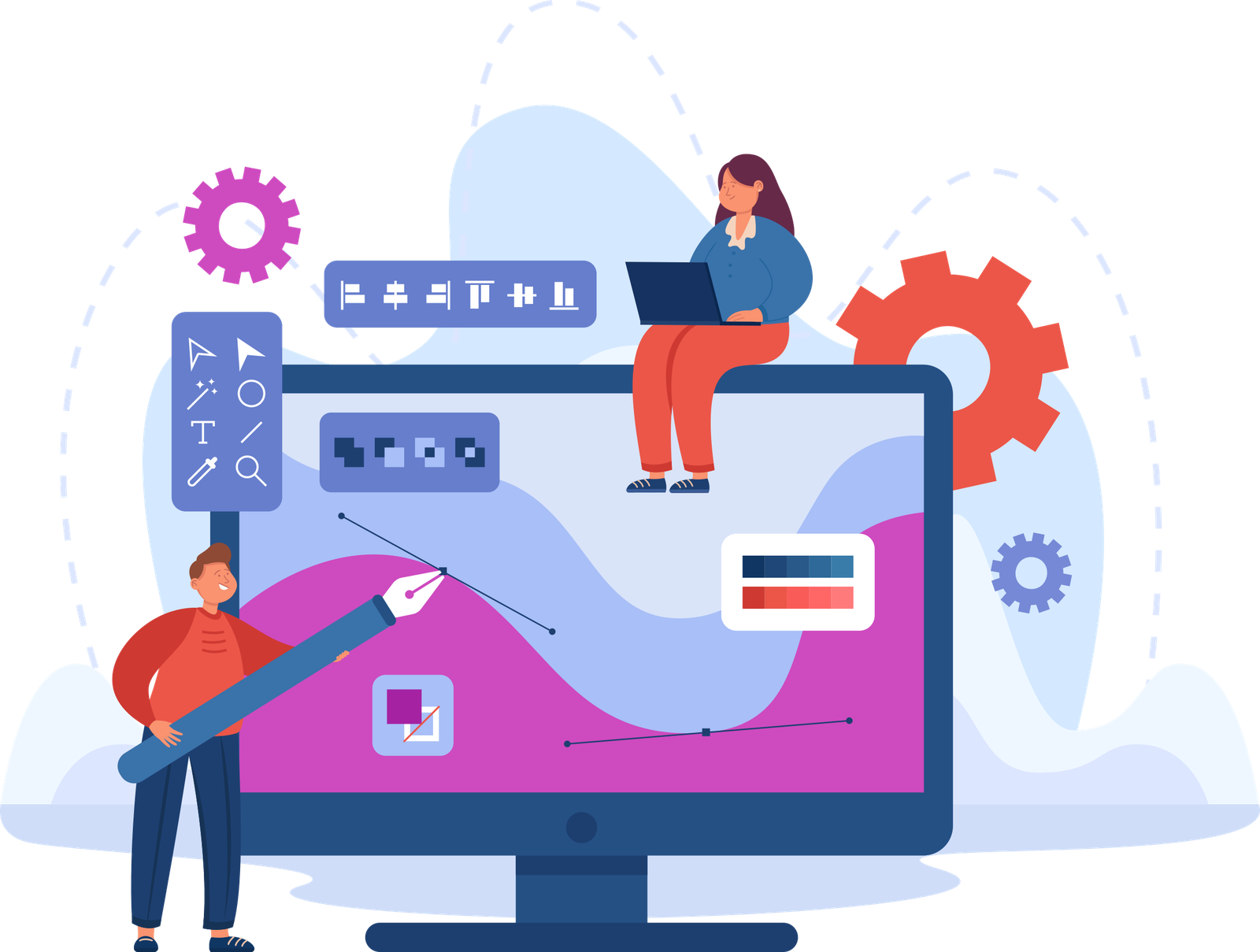 Industrial Design Concepts Illustration of a designer sketching product concepts on a large monitor with design tool icons