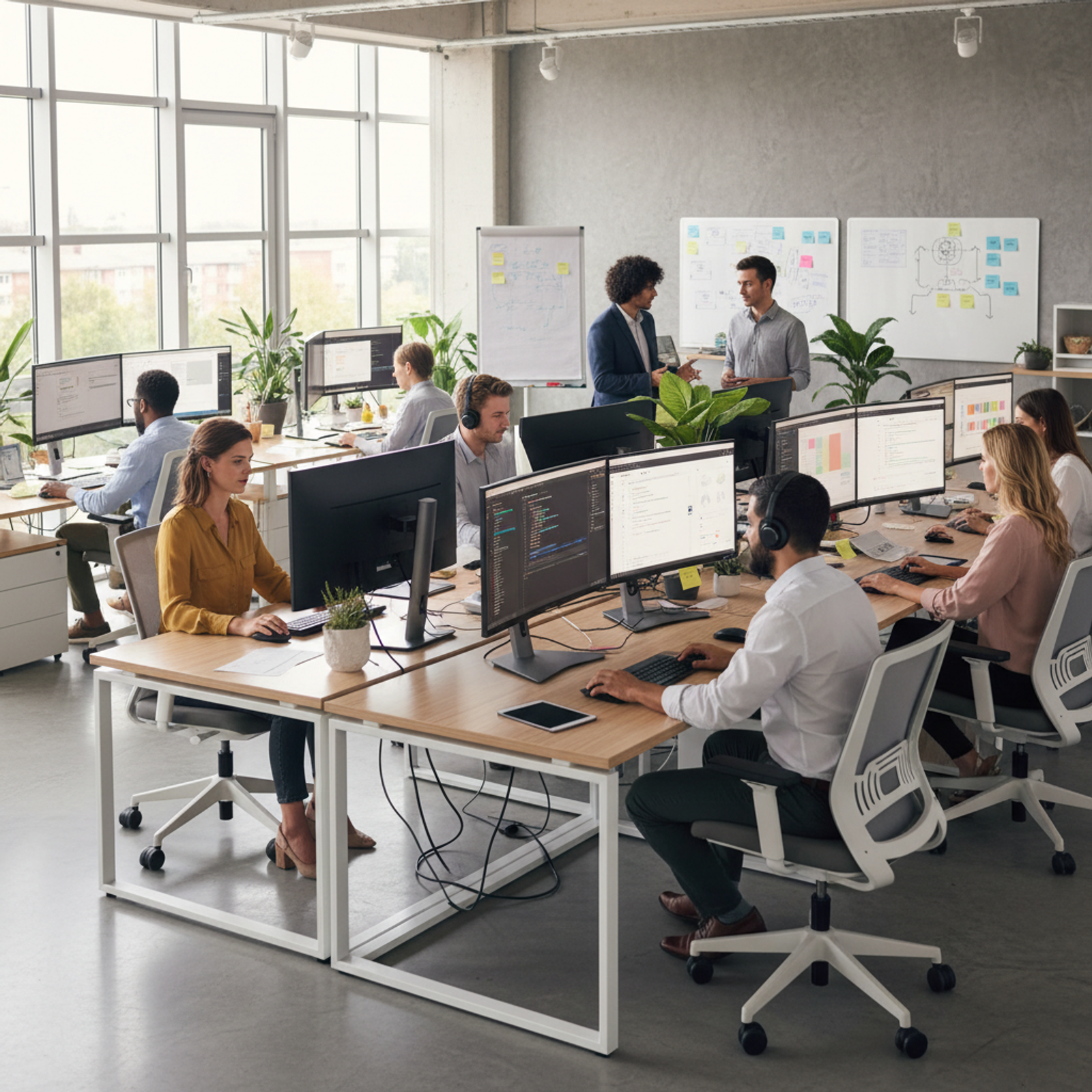 Illustration d'une équipe configurant un tableau de bord cloud avec des serveurs connectés et des notifications d'avis clients