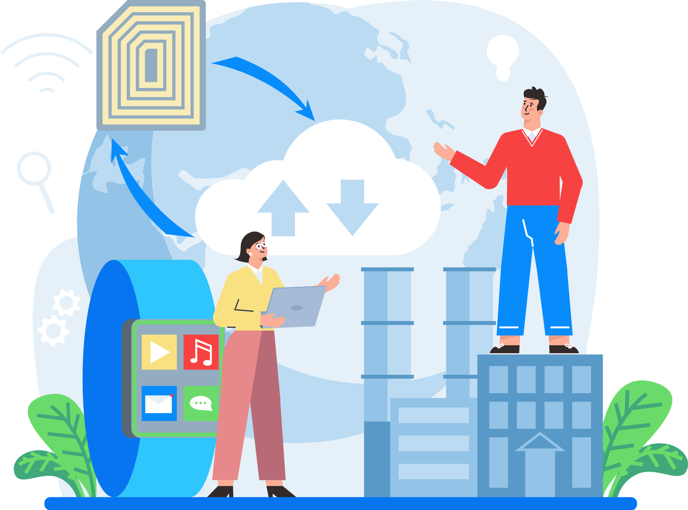 Illustration of a person working on a laptop beside a building model with cloud upload and download icons and a globe