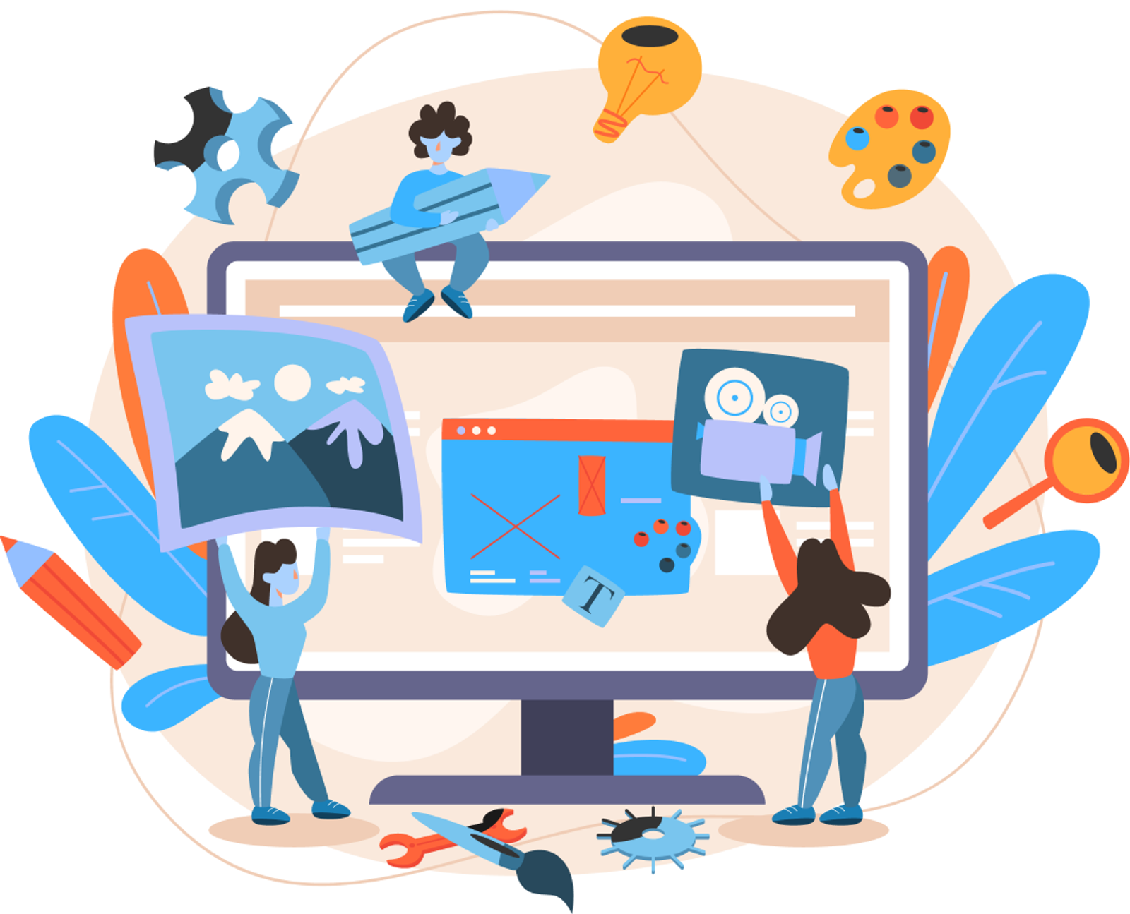 Illustration of two people collaborating on a large screen with design, photo, and video editing tool icons
