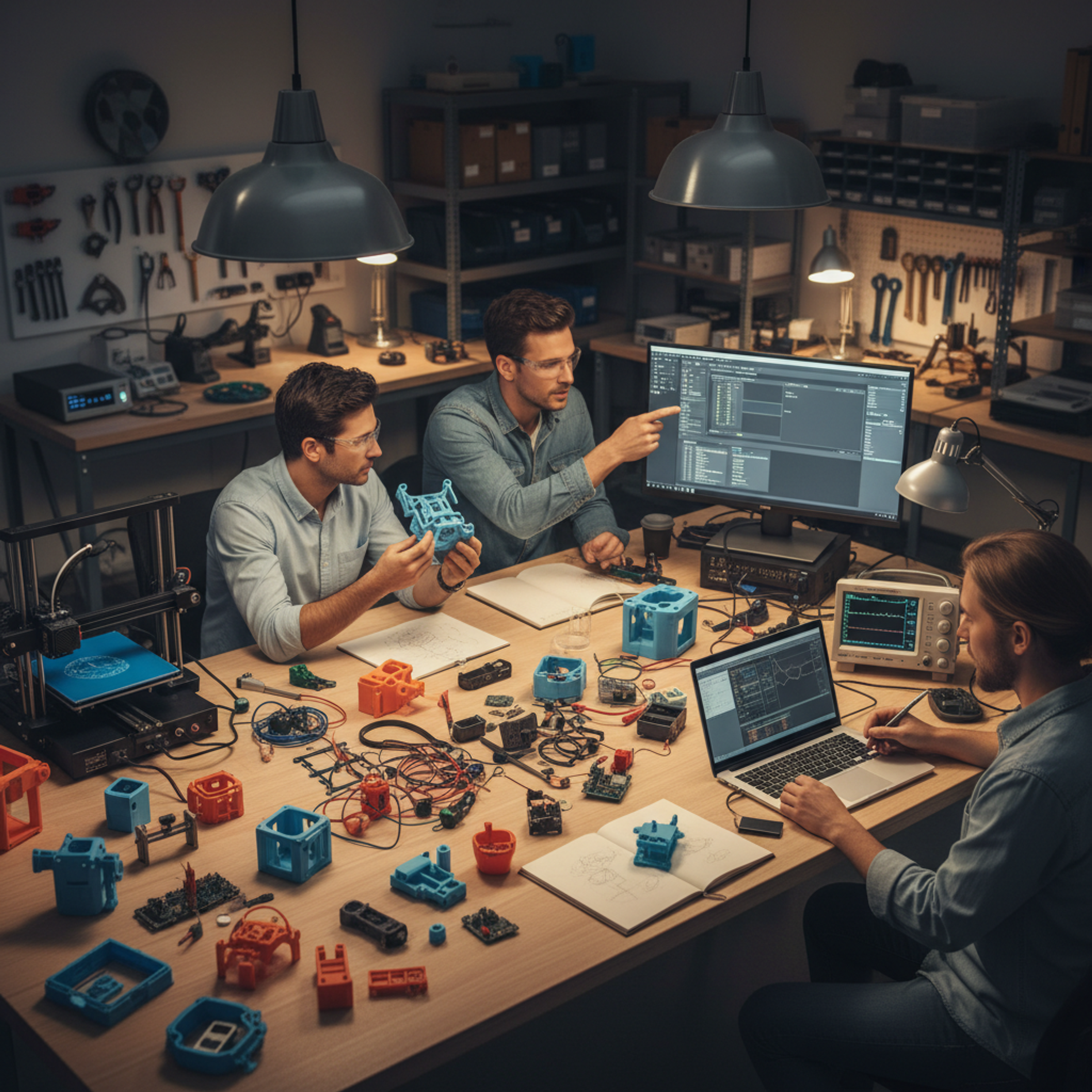 Illustration d'un designer travaillant sur un ordinateur portable à un bureau entouré de maquettes filaires et d'icônes d'engrenages