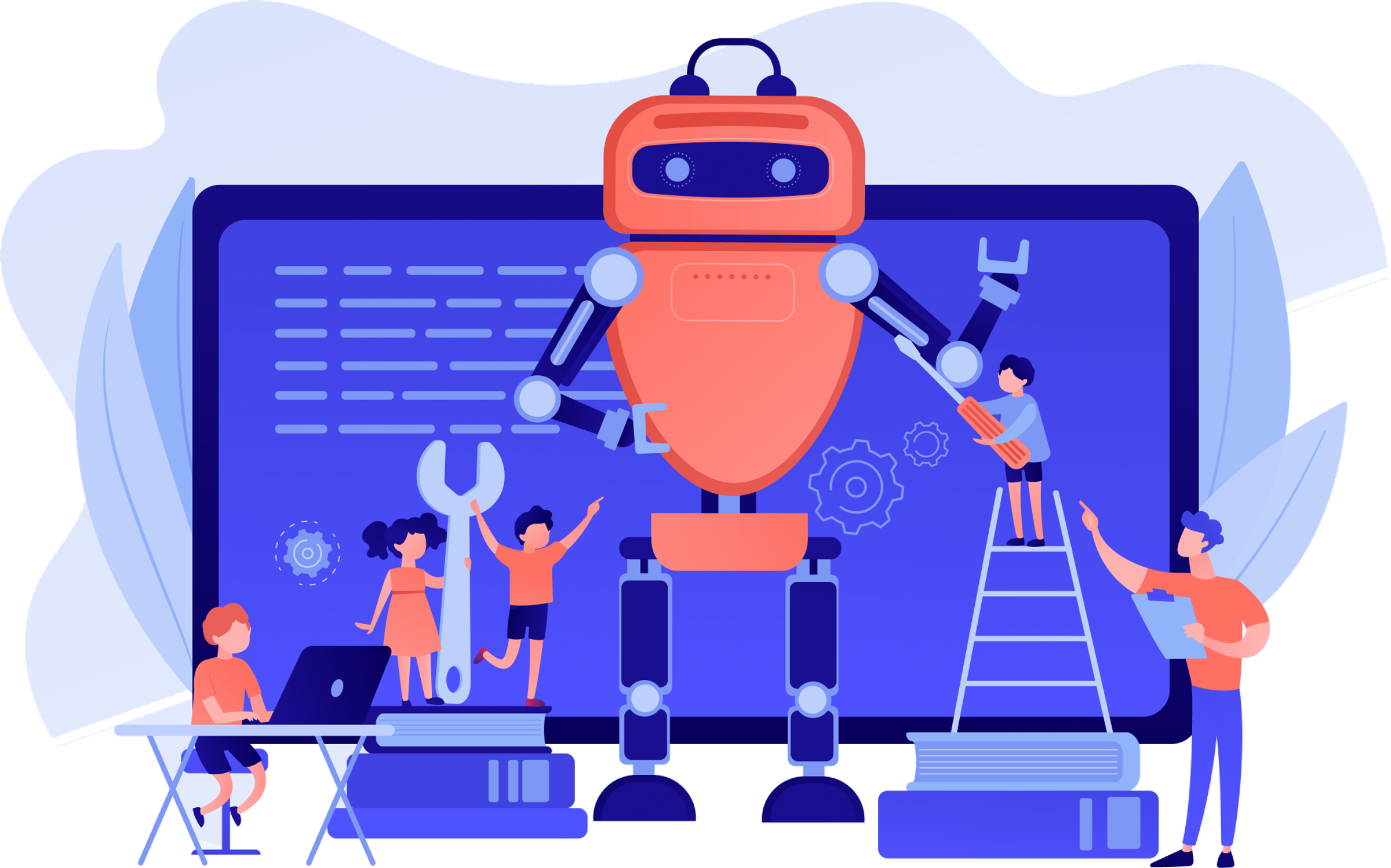 AI and Machine Learning Analysis Illustration of a team analyzing an AI brain model with data charts