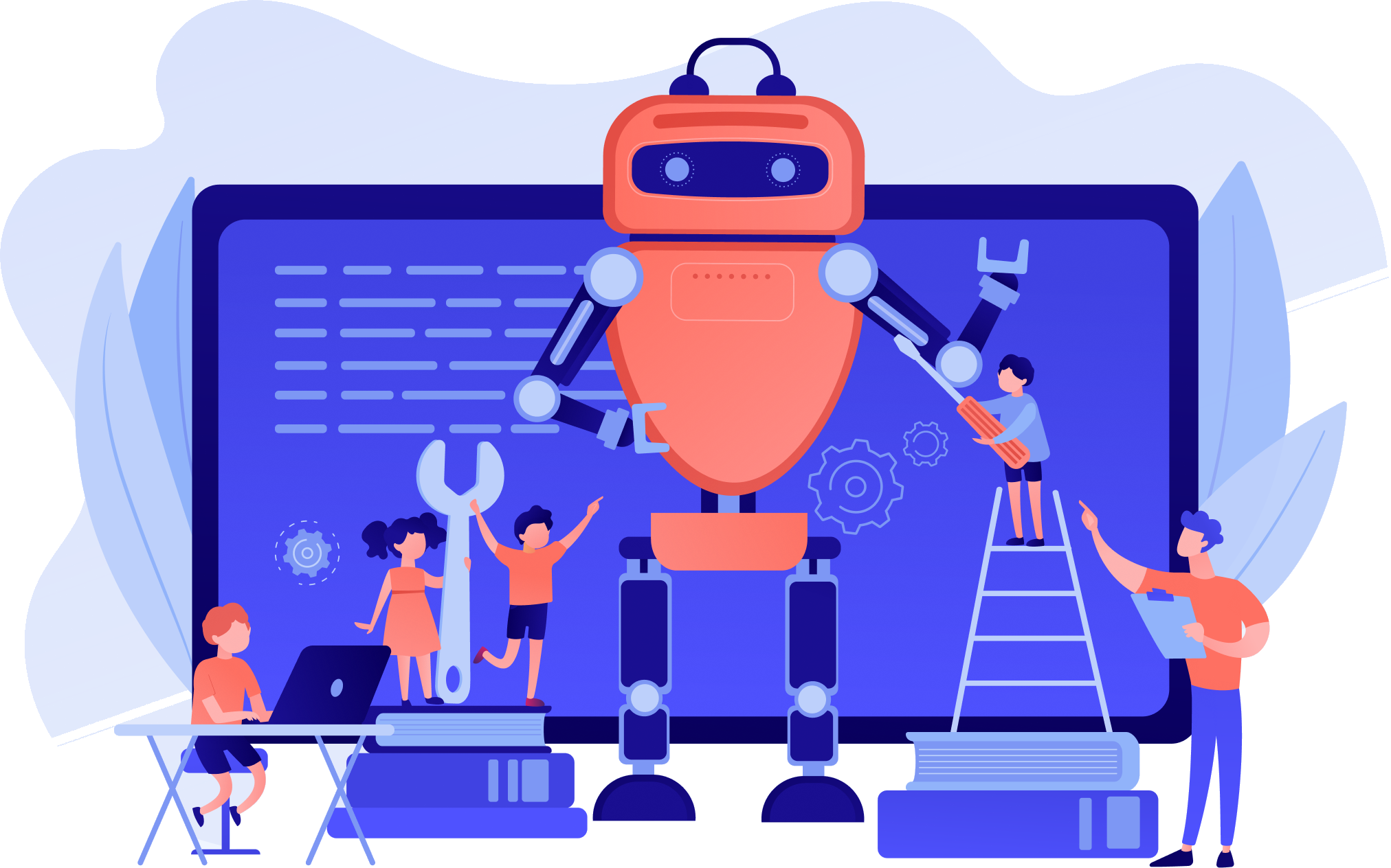 AI and Machine Learning Analysis Illustration of a team analyzing an AI brain model with data charts